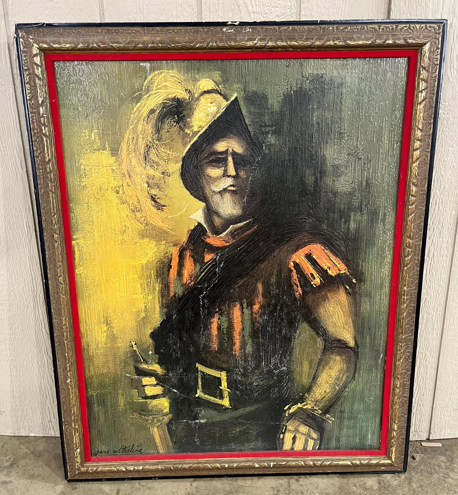 Gene Sterling Spanish Conquistador Oil: This mid-century oil painting on textured board depicts a Spanish conquistador in a dramatic, expressive style. The subject is shown from the waist up, wearing a morion helmet adorned with a large
