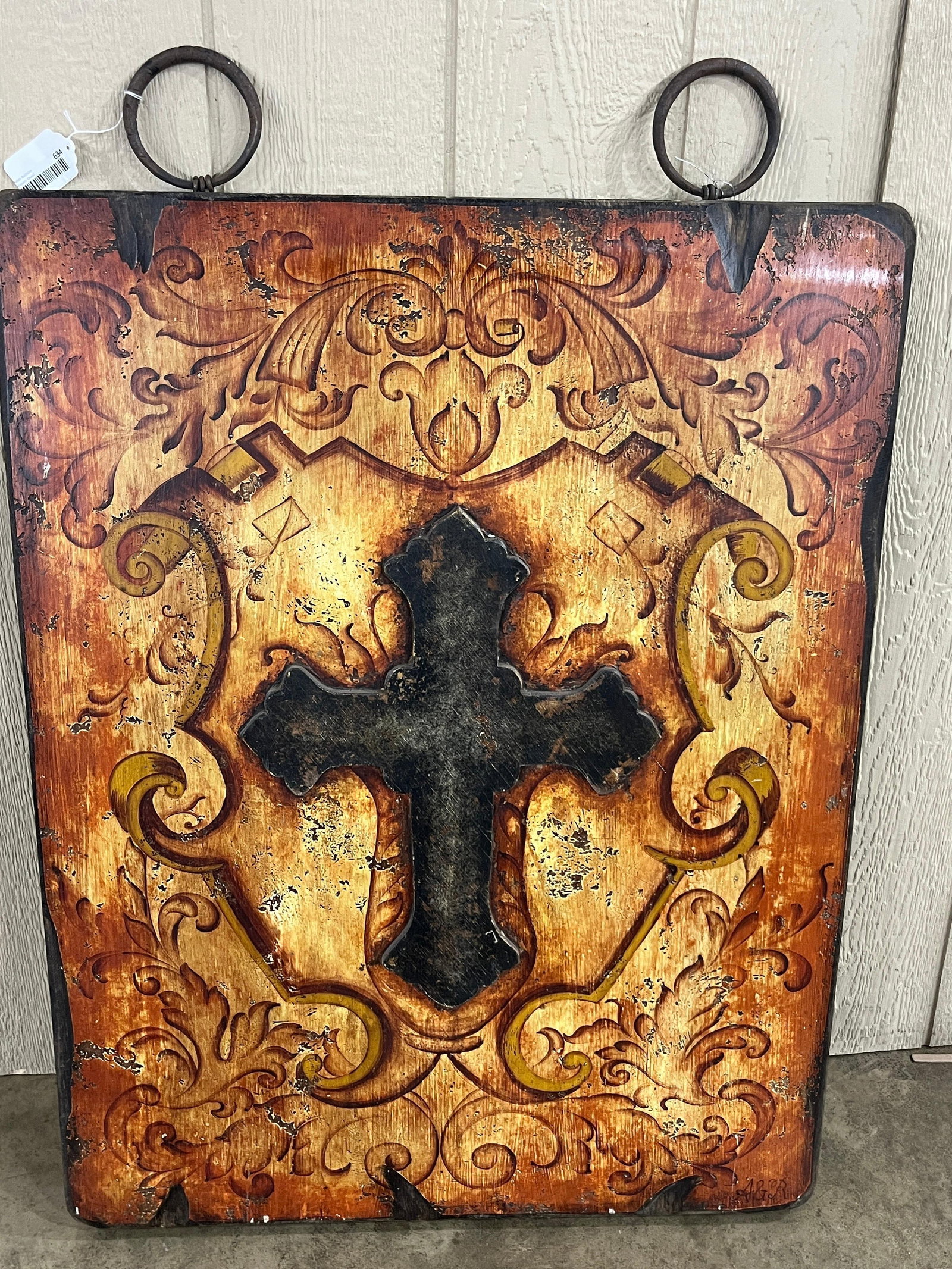 WL & GR Designers Spanish Style Cross: A large, rectangular WL & GR Designers wooden wall panel featuring a raised central cross. The panel is finished in a distressed polychrome palette of ochre, burnt sienna, and dark brown, decorated