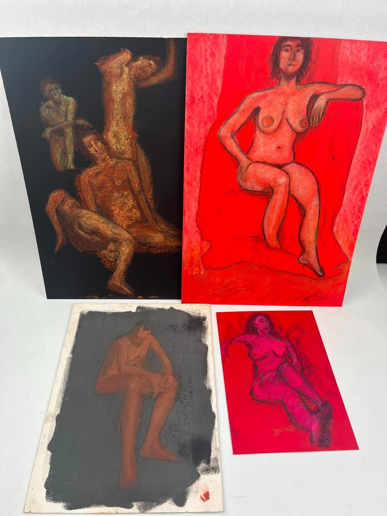 Modernist Figurative Pastel Studies: A group of figurative studies executed in soft pastel and chalk on various toned papers. The collection includes a multi-figure composition on black paper, female nudes on vibrant red paper, and a