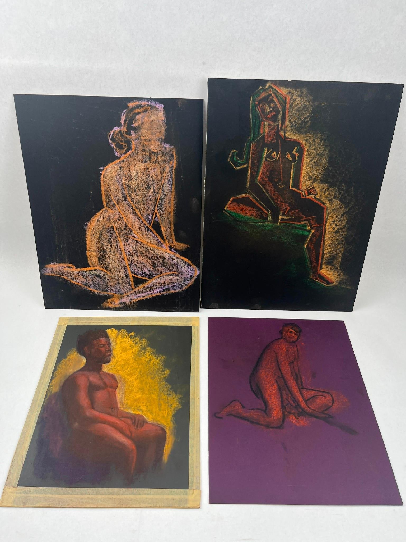 Modernist Figure Studies on Toned Paper: A group of six figurative studies executed in pastel and chalk on toned wove paper, including black and purple sheets. The collection features a variety of subjects, including five full-figure
