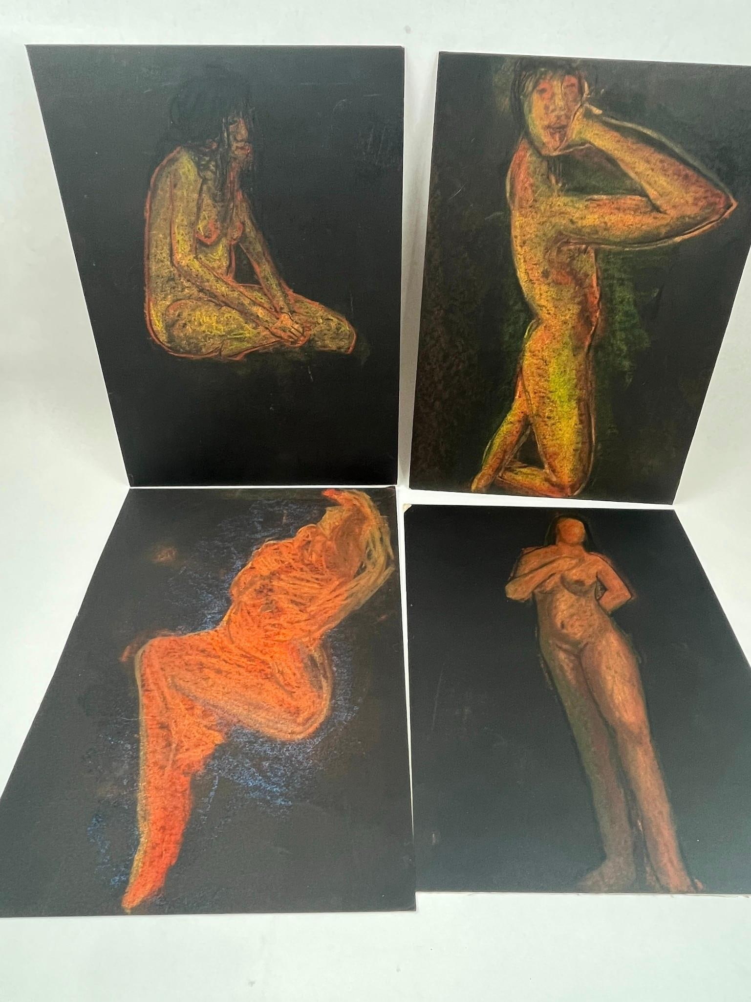 Figurative Pastel Drawings, Black Paper: A collection of figurative studies executed in vibrant pastel on black-toned wove paper. The works depict various nude male and female figures in a range of seated, kneeling, and standing poses,