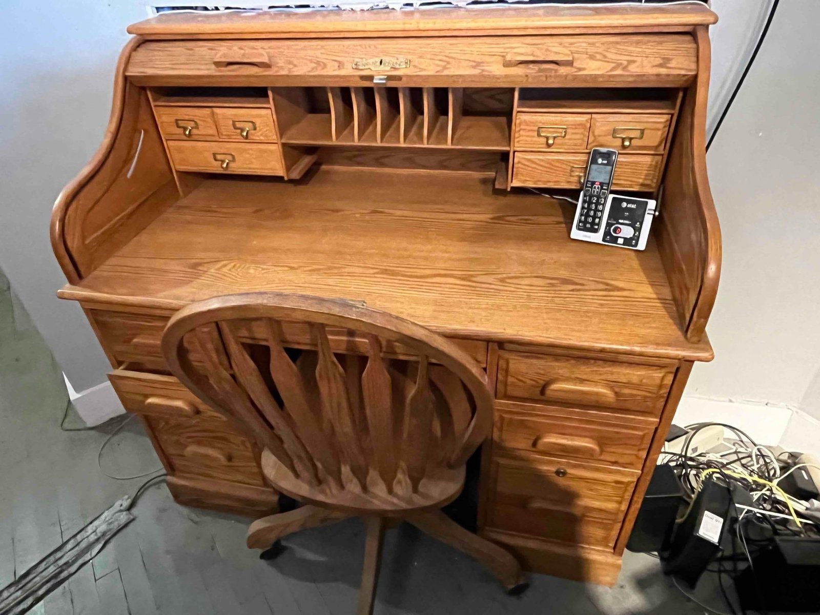 Solid Oak Roll-Top Desk & Swivel Chair (1 of 6)