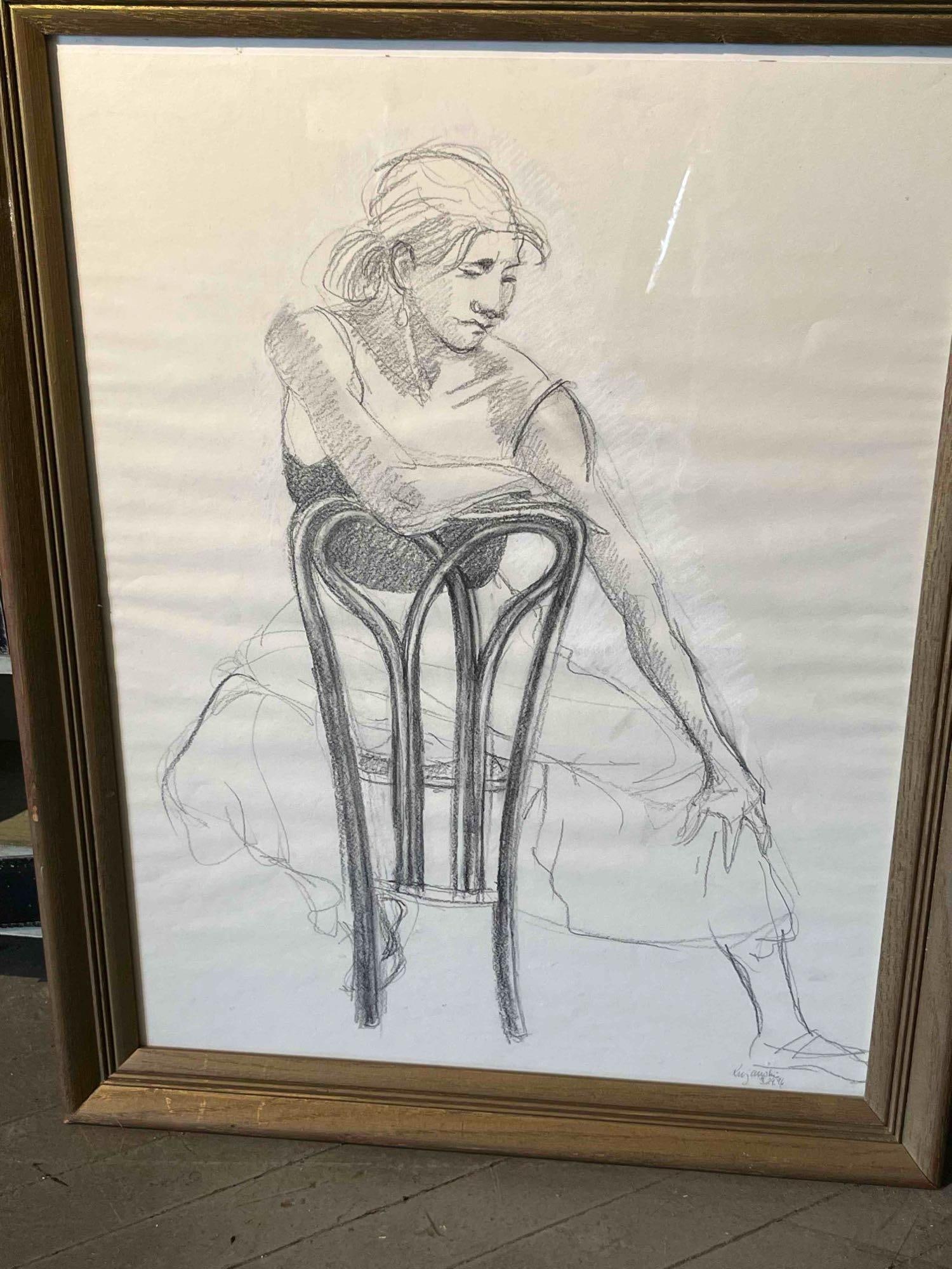 Kujawski, Seated Figure, Charcoal and Chalk Drawing, 1996: This charcoal and white chalk drawing on cream wove paper depicts a seated female figure in a three-quarter pose, leaning over the back of a bentwood-style chair. The composition is executed in a gest
