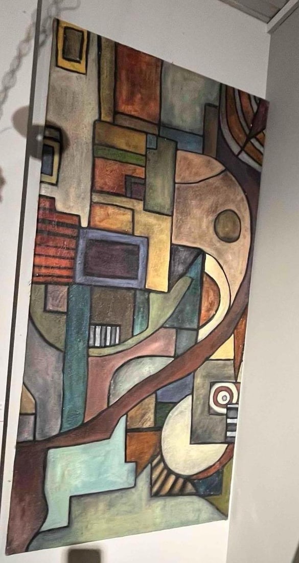 Modernist Abstract Painting: A large vertical abstract painting executed in oil or acrylic on stretched canvas. The composition features a complex arrangement of overlapping geometric and organic forms delineated by heavy black o