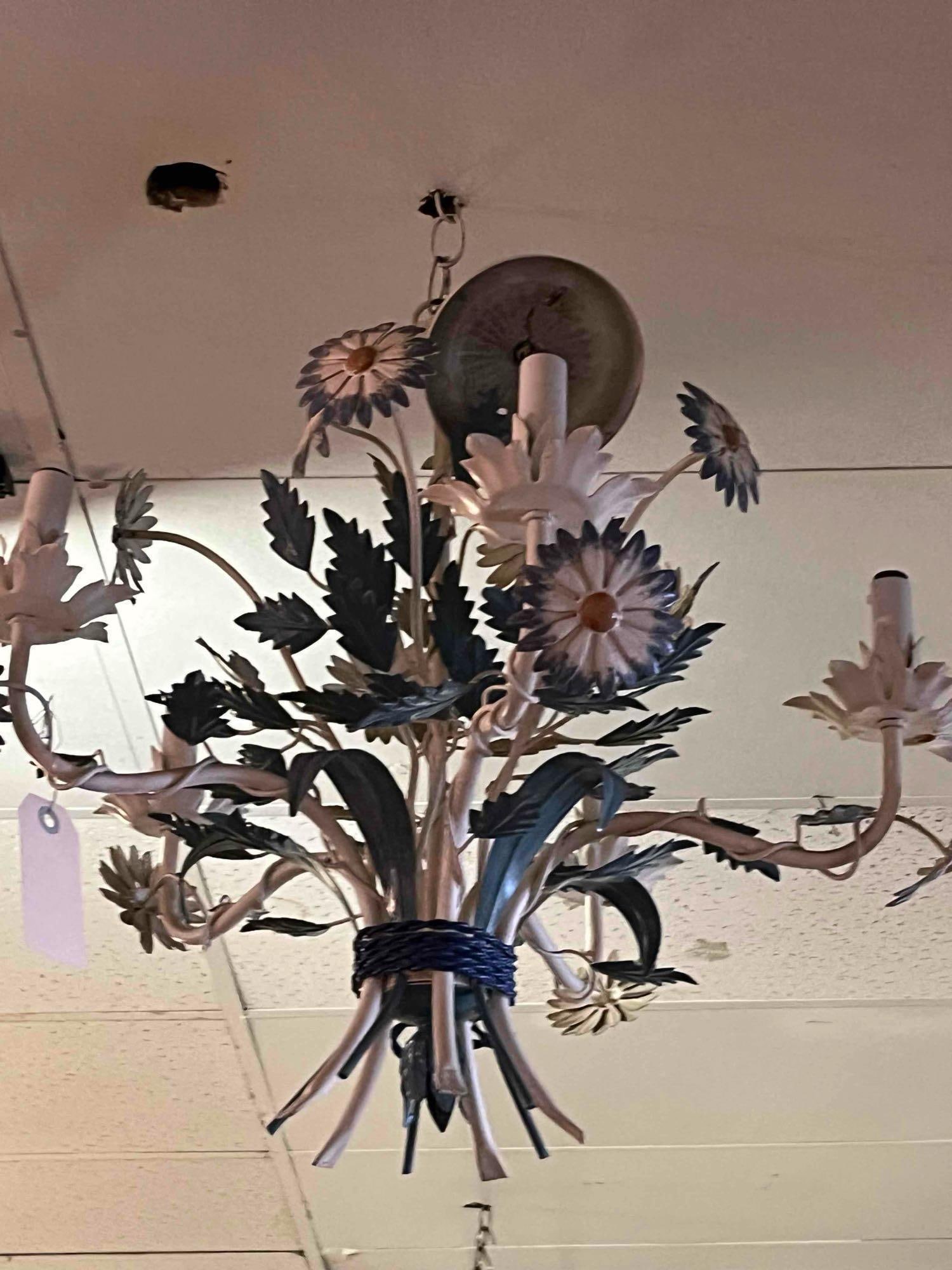 Six-Light Daisy Toleware Chandelier: A six-light ceiling fixture constructed from painted metal in the toleware style. The chandelier is designed as a floral bouquet featuring numerous daisy-like flowers with white-painted petals and