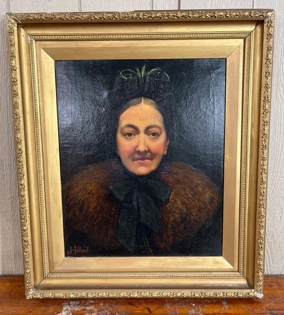 J. Holland, Fur Stole Portrait, 19th C: An oil painting on canvas by J. She wears an ornate black hat embellished with pale green ostrich feathers. The verso shows the canvas stretched on a wooden frame with a central rectangular canvas