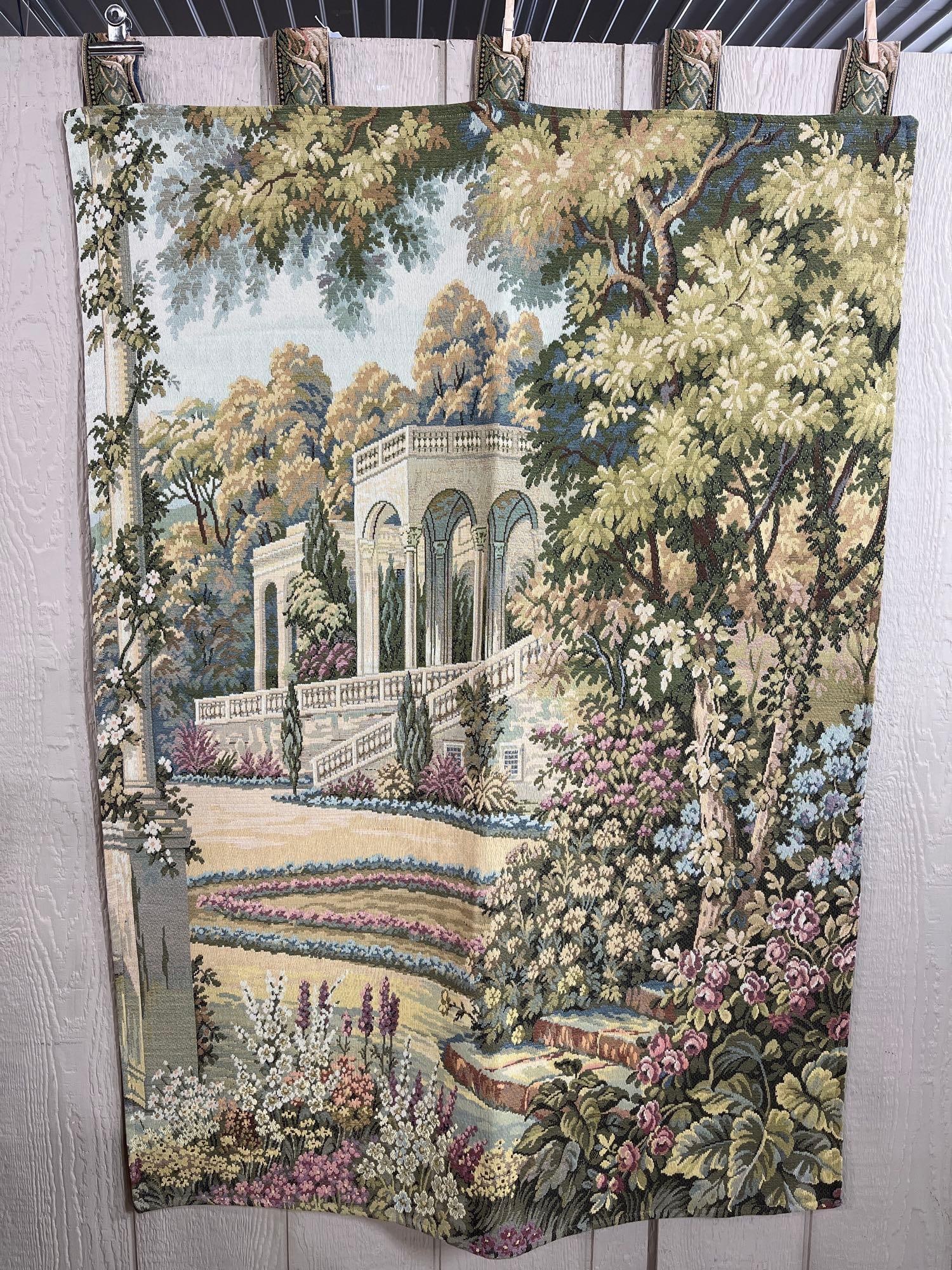 Classical Garden Jacquard Tapestry: A machine-woven jacquard wall tapestry featuring a romanticized classical garden scene. The central composition depicts a large, white architectural pavilion or belvedere characterized by arched