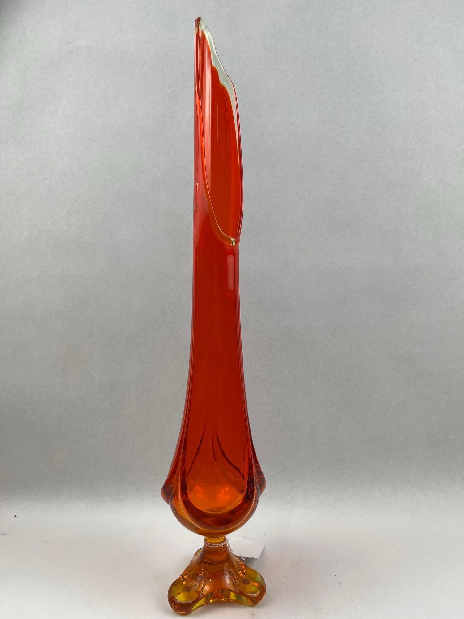 Persimmon Amberina Swung Glass Vase: A mid-century modern swung glass vase featuring a vibrant persimmon color gradient from a deep orange-red at the top to a golden-amber at the base. The vessel is constructed with a lobed, mold-blown l