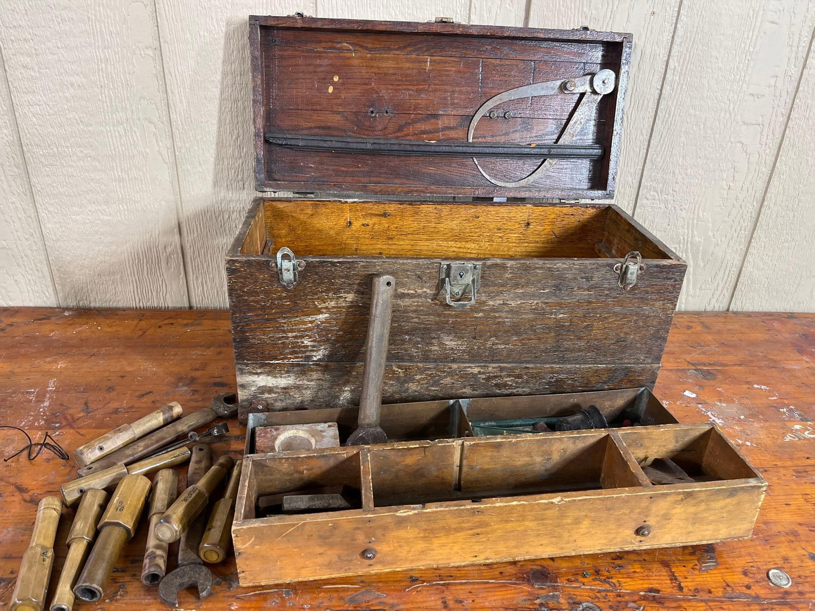 An Assortment of Antique Machinist Tools in a Wooden Chest (1 of 7)