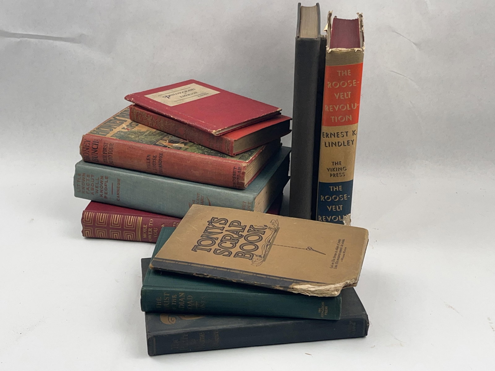 Vtg 20th C. Books: Roosevelt & Asia: A collection of vintage mid-20th-century books spanning various genres including political history, Asian history, poetry, and juvenile fiction. The group includes a copy of The Roosevelt Revolution: