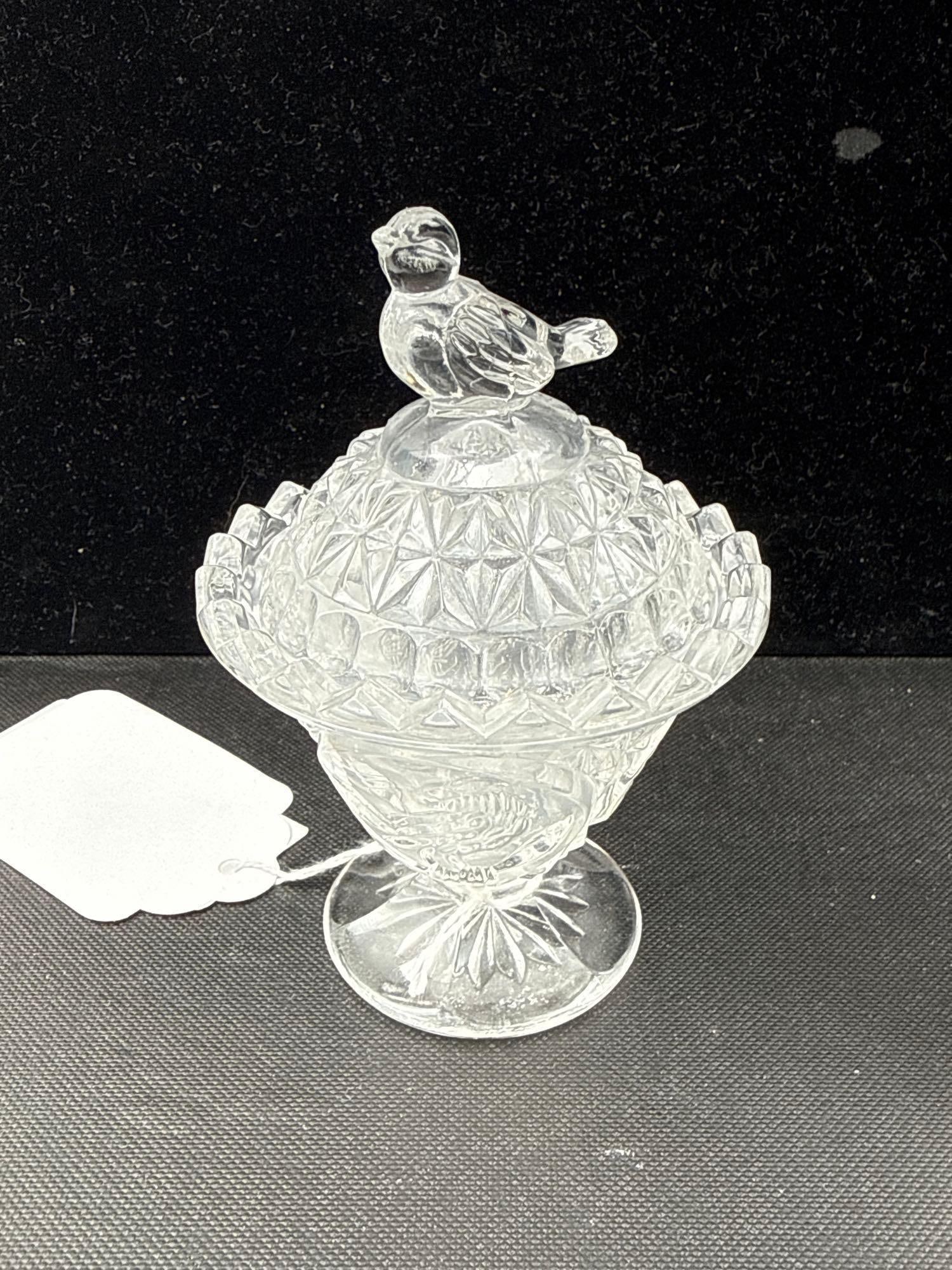 Pair Pressed Glass Lidded Bird Items - 5