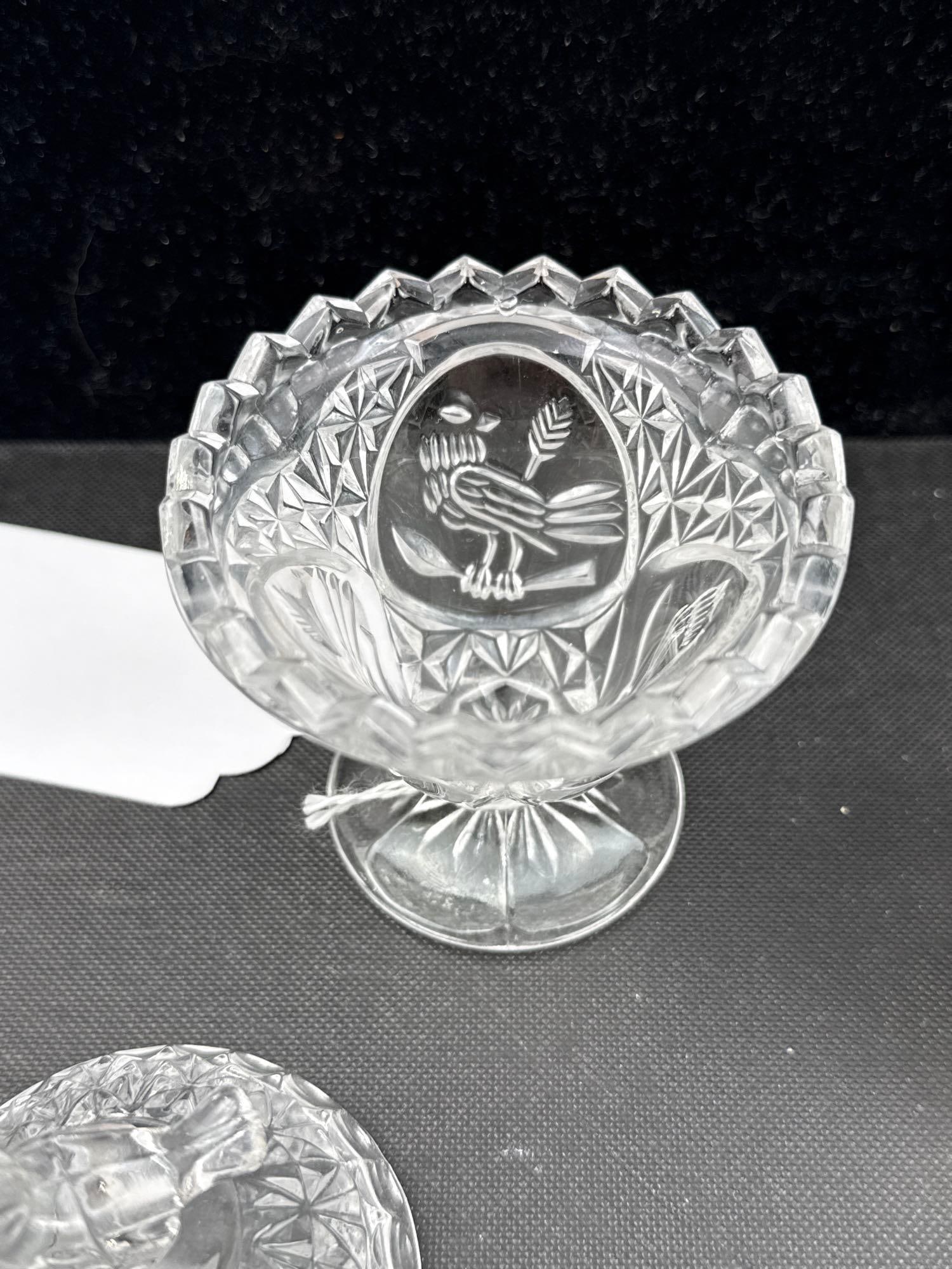 Pair Pressed Glass Lidded Bird Items - 6