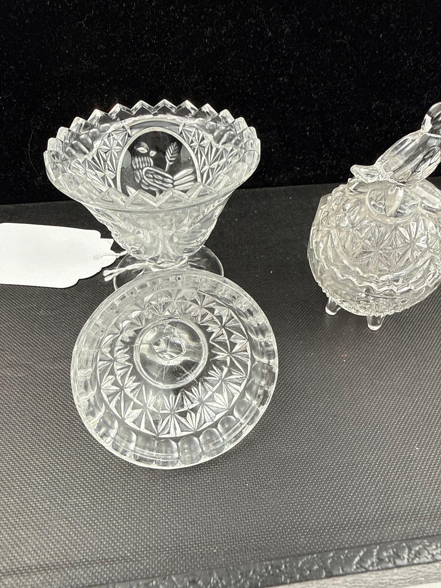 Pair Pressed Glass Lidded Bird Items - 7