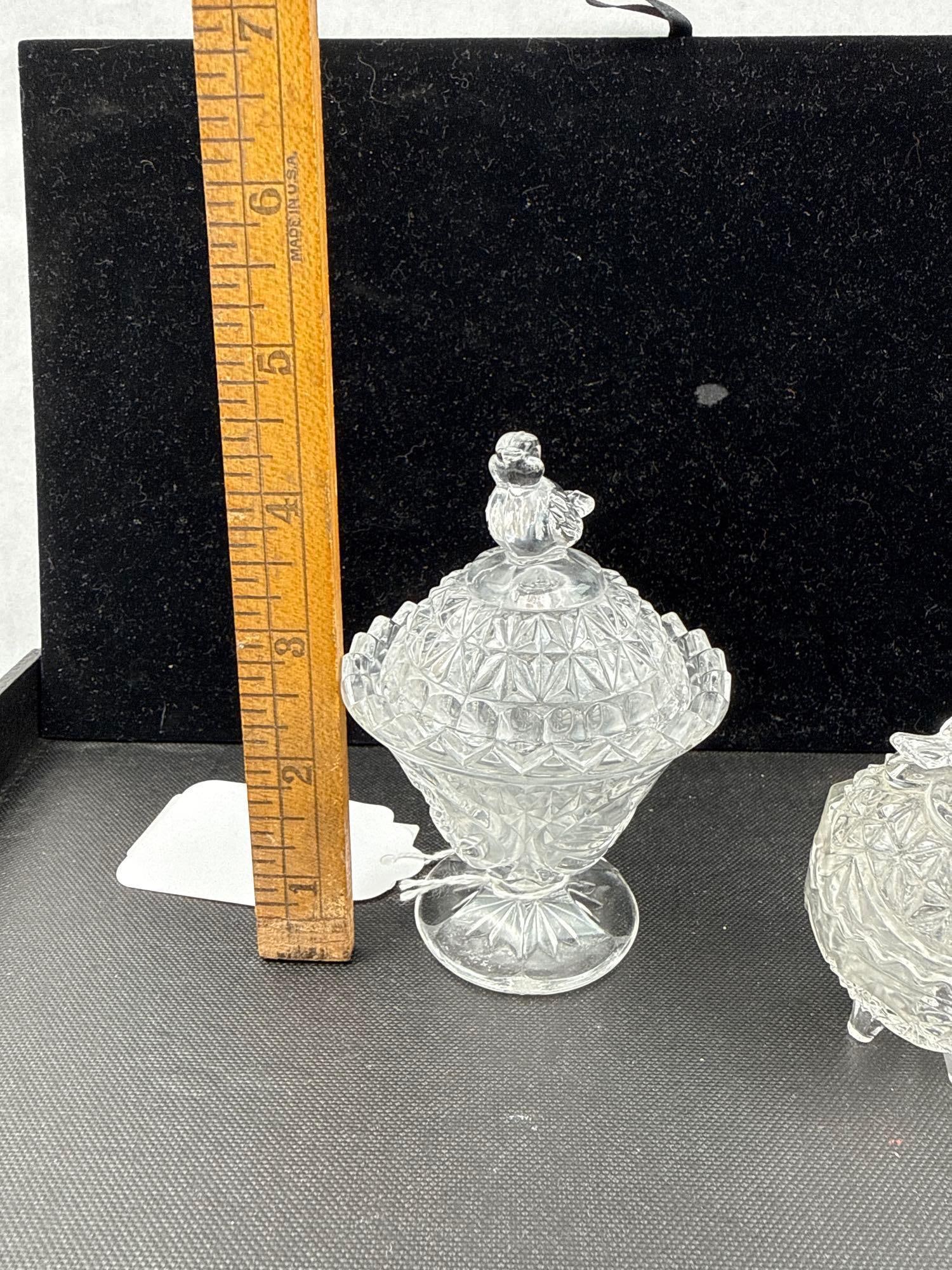 Pair Pressed Glass Lidded Bird Items - 8