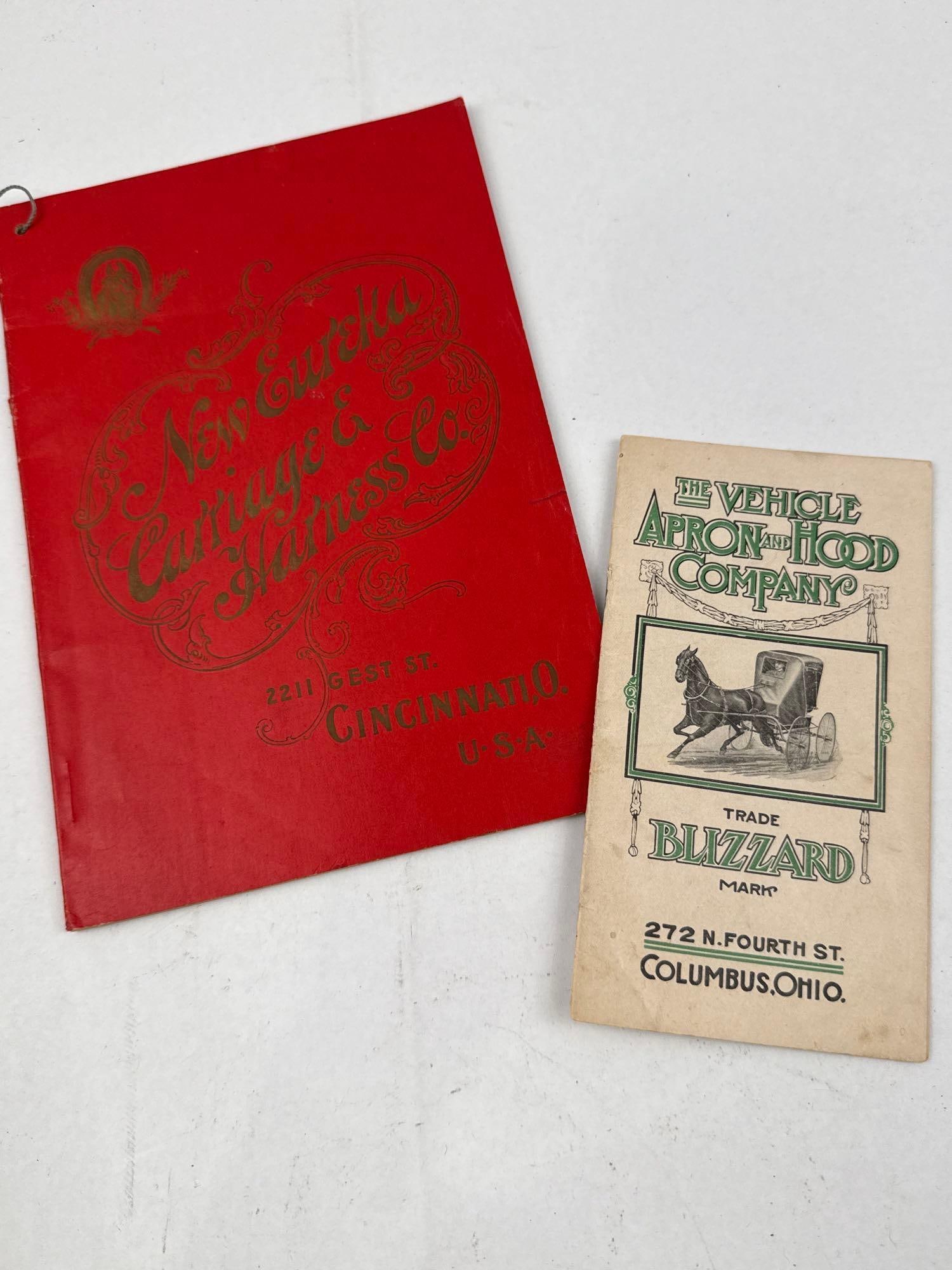 Eureka & Vehicle Apron Catalogs, c.1900: A collection of two early 20th-century trade catalogs related to the horse-drawn vehicle industry in Ohio. The interior features numerous illustrated plates showing various carriage and wagon models,