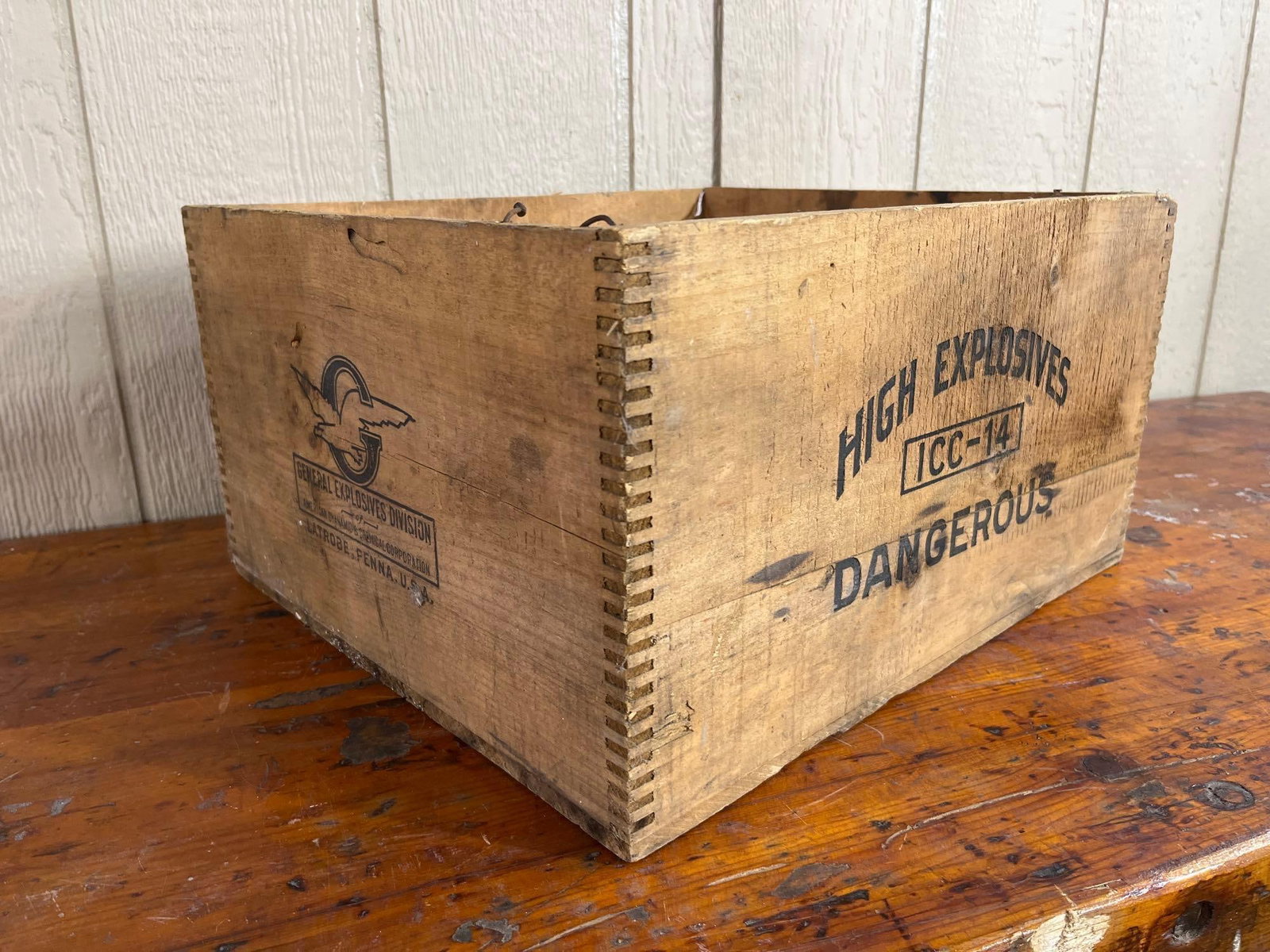 American Cyanamid High Explosives Crate: A rectangular solid wood shipping crate produced for the General Explosives Division of American Cyanamid and Chemical Corporation. The box is constructed with finger-jointed corners reinforced with m