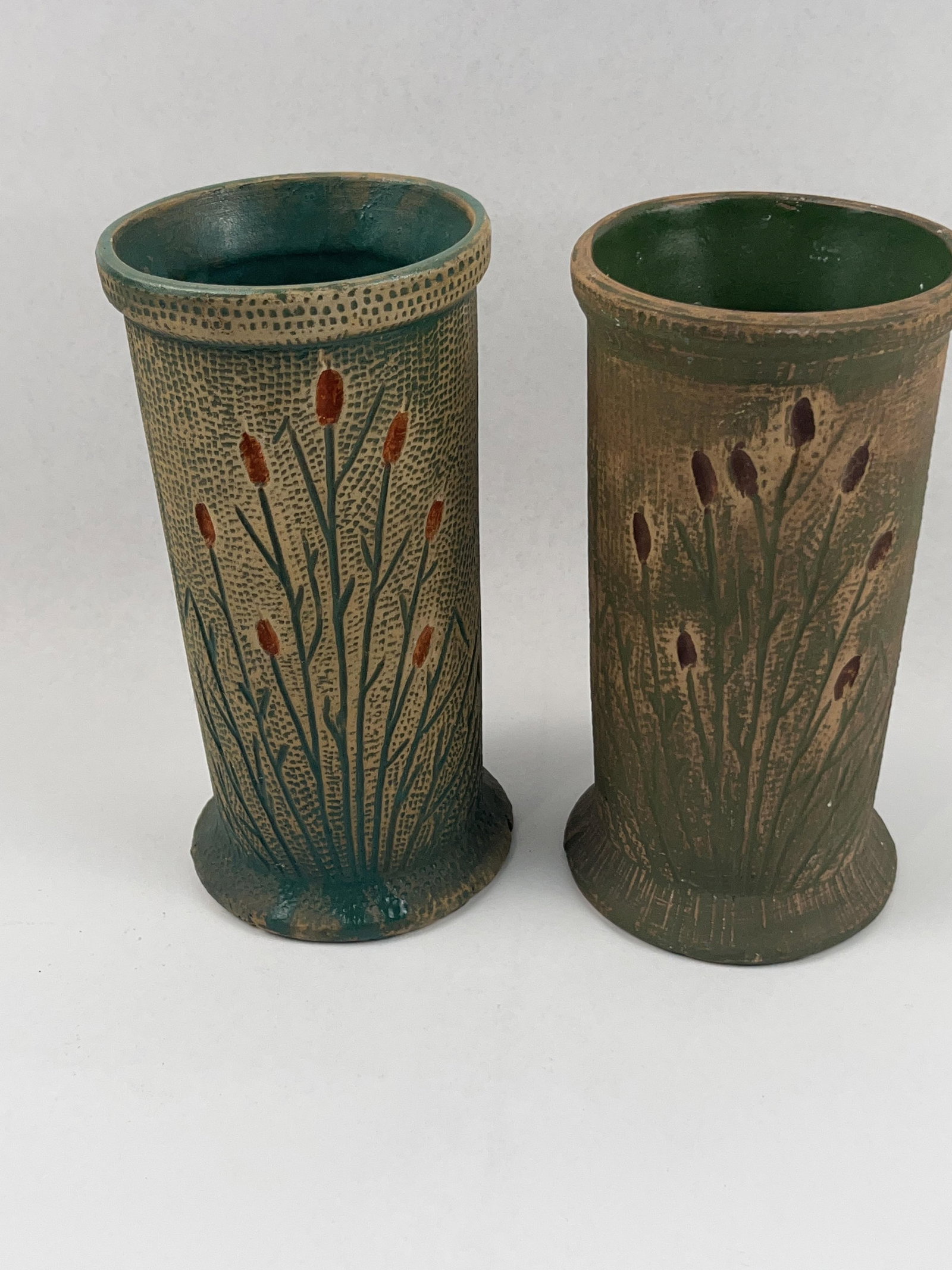 Pair Red Wing Cattail Brush Ware Vases - 2