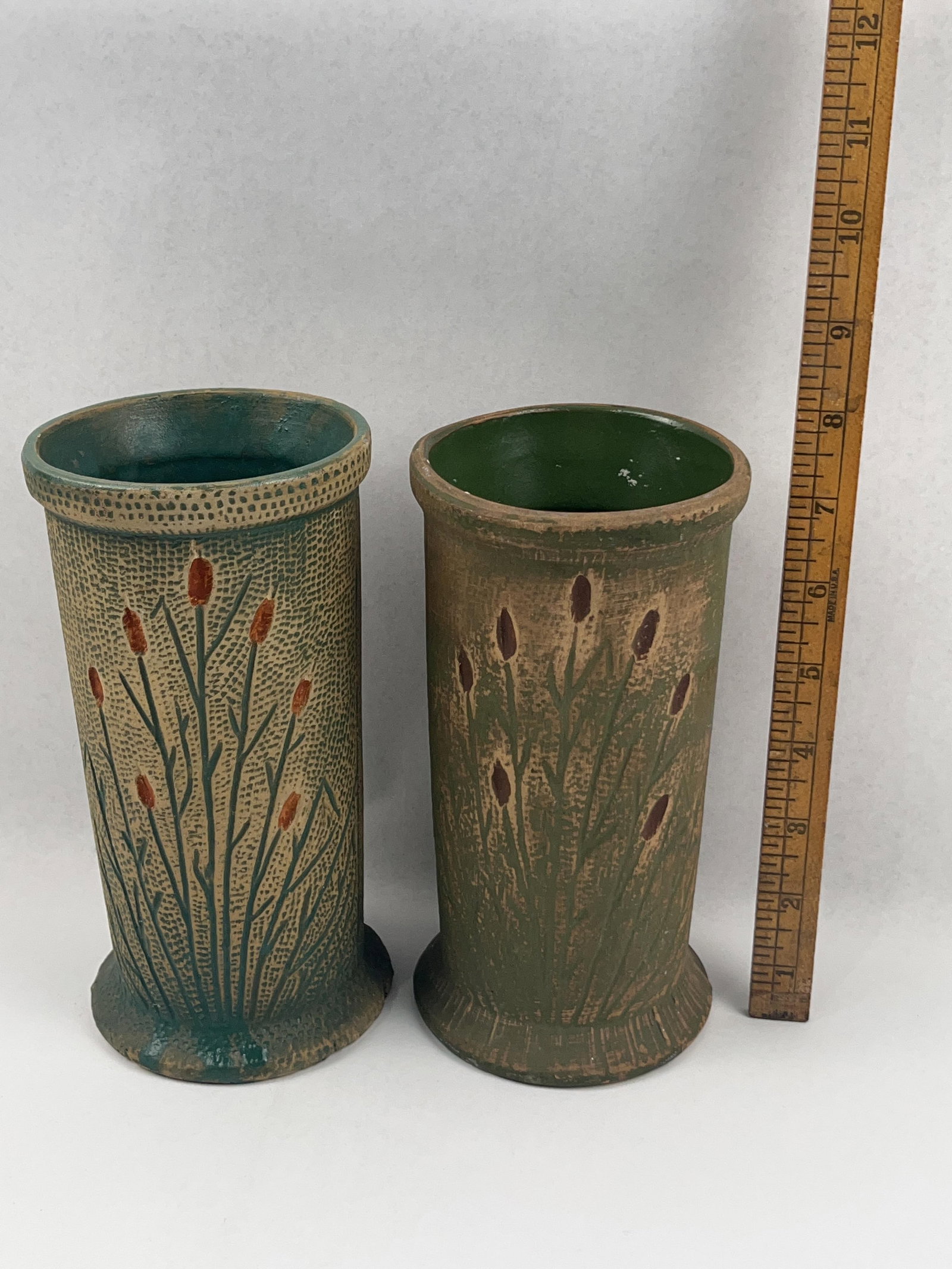Pair Red Wing Cattail Brush Ware Vases - 7