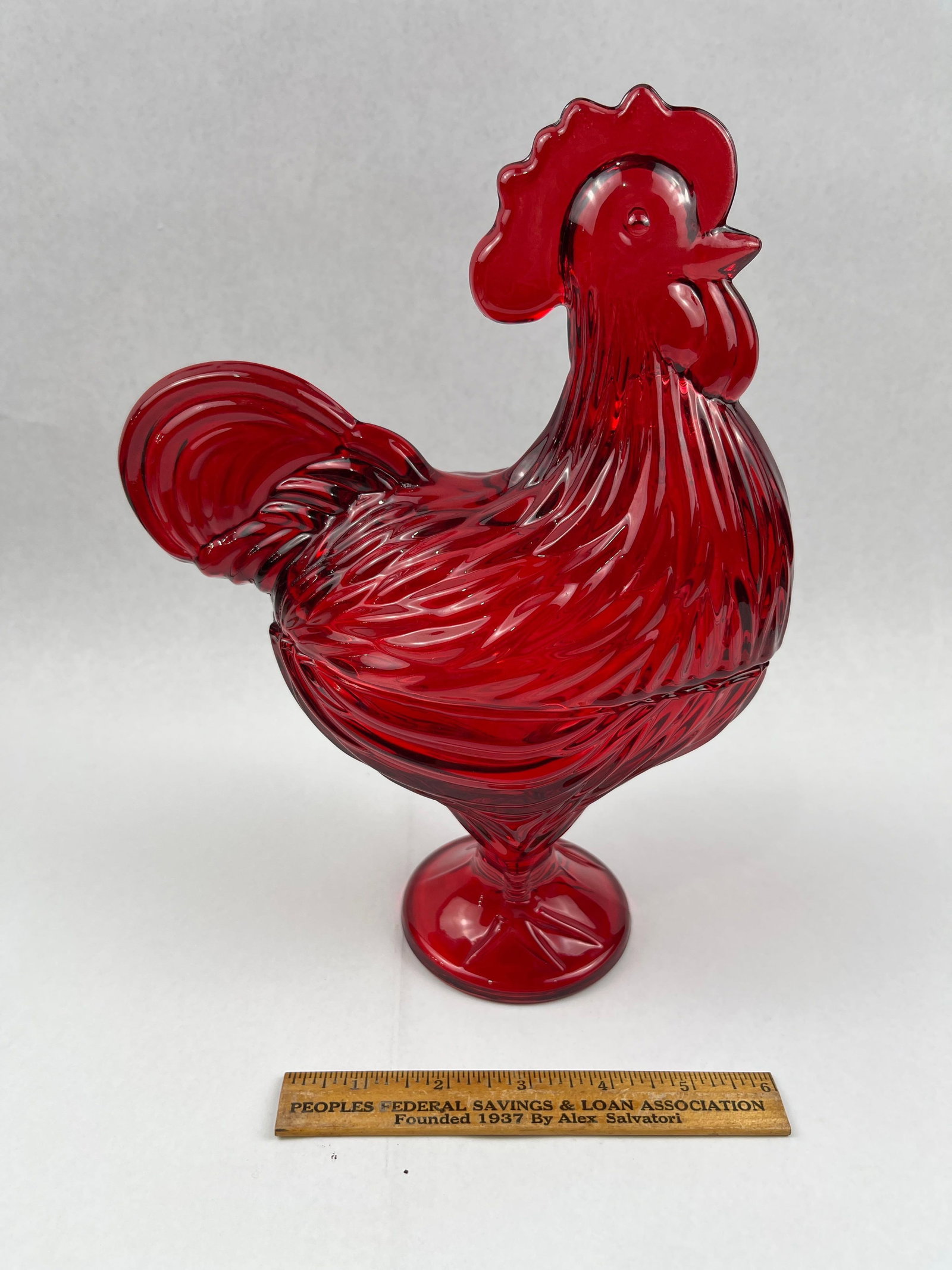 Ruby Pressed Glass Rooster Candy Dish - 6