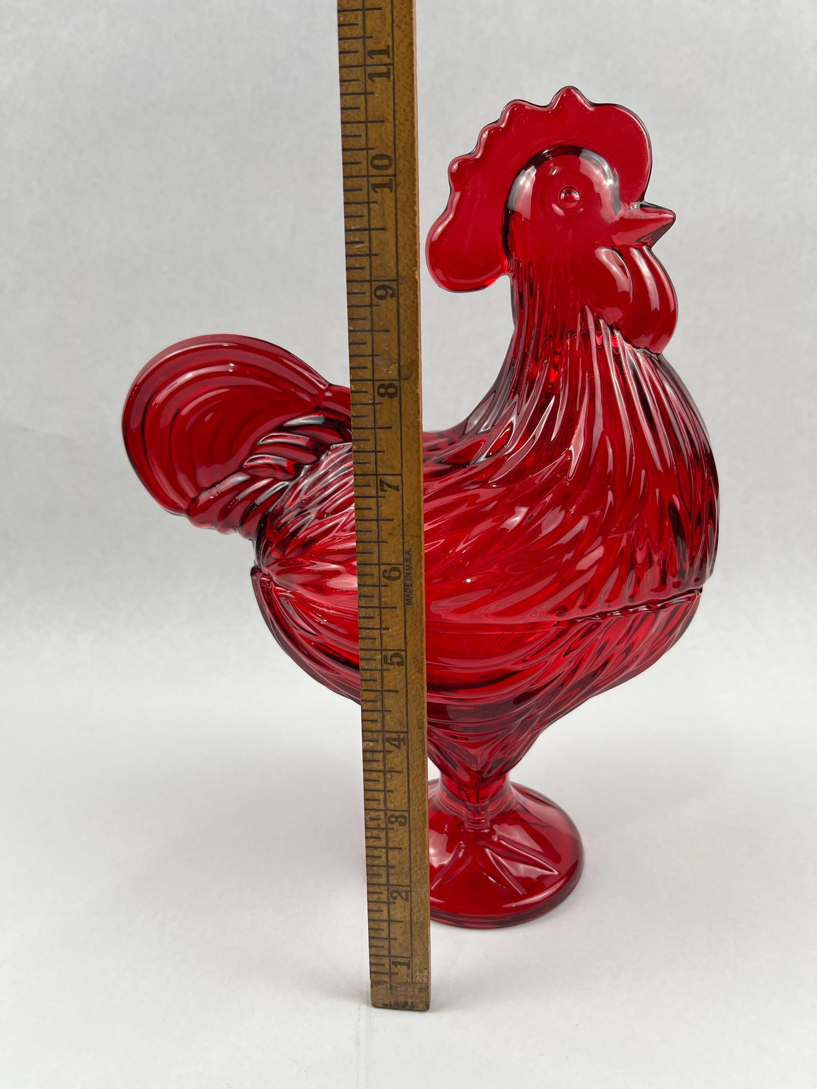 Ruby Pressed Glass Rooster Candy Dish - 7