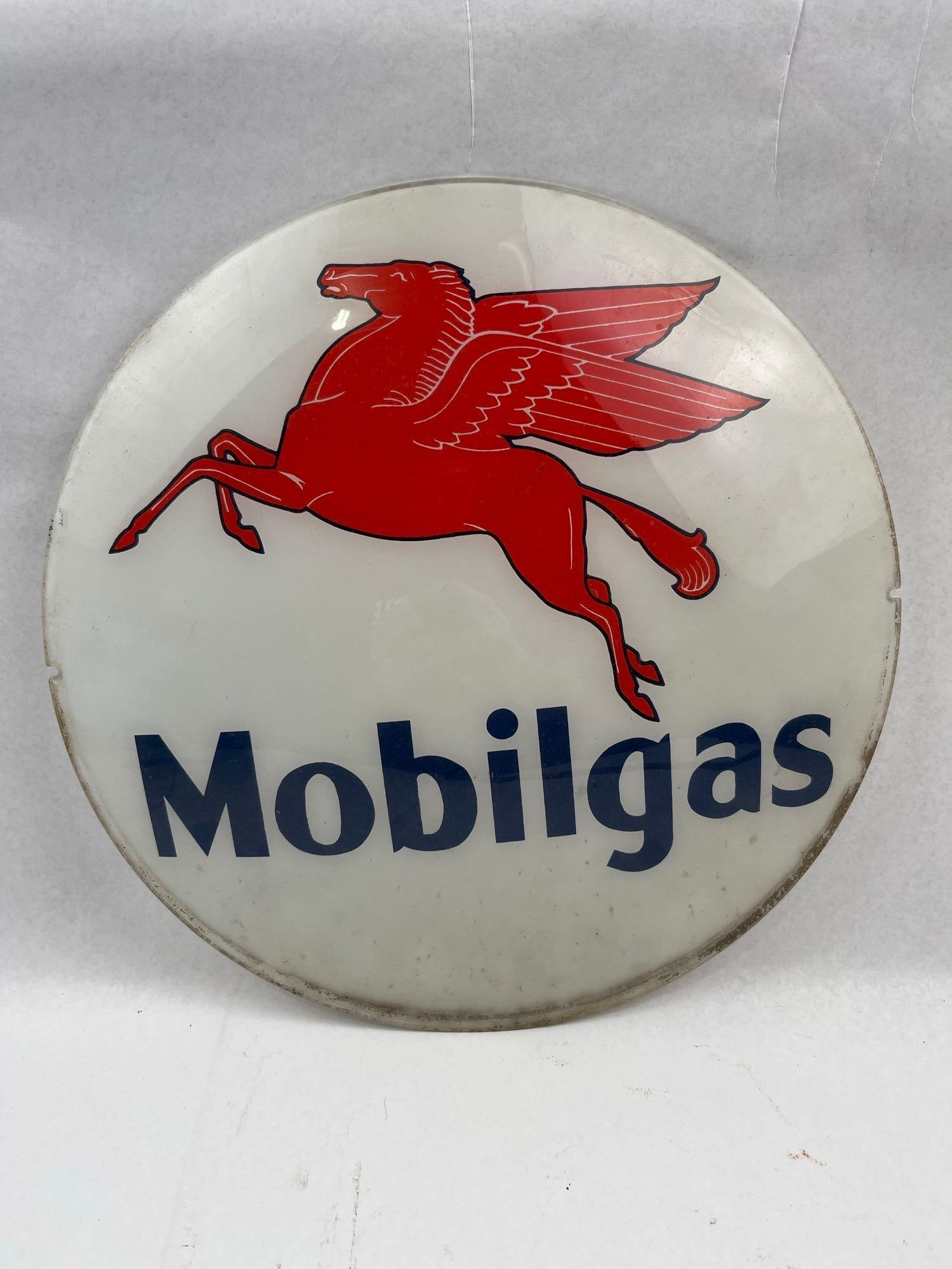 Mobilgas Flying Red Horse Globe Lens: This item is a single, circular gas pump globe lens featuring the corporate branding of the Mobil Oil Corporation. The lens is constructed from convex glass with fired-on graphics. Measurements/Notes: