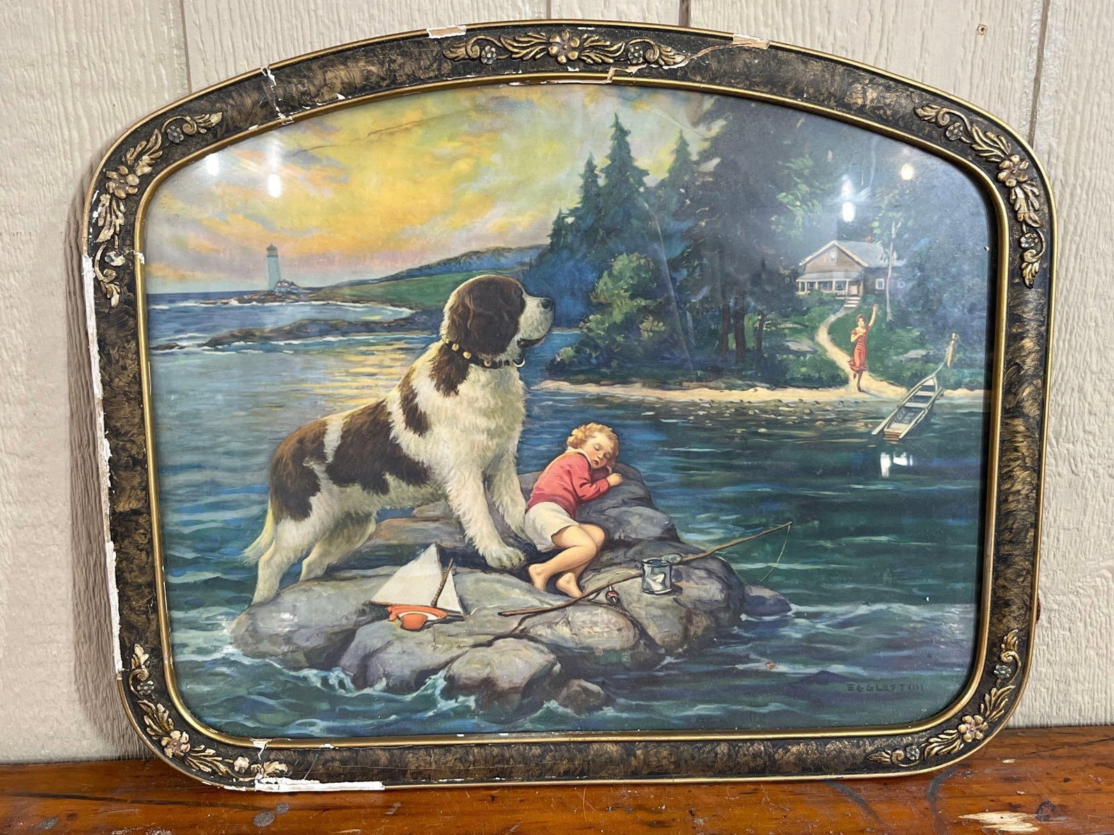 Edward Mason Eggleston Color Lithograph: This vintage commercial color lithograph, titled Found, is a work by the American illustrator Edward Mason Eggleston. The sentimental scene depicts a St. Measurements/Notes: 22 x 18.