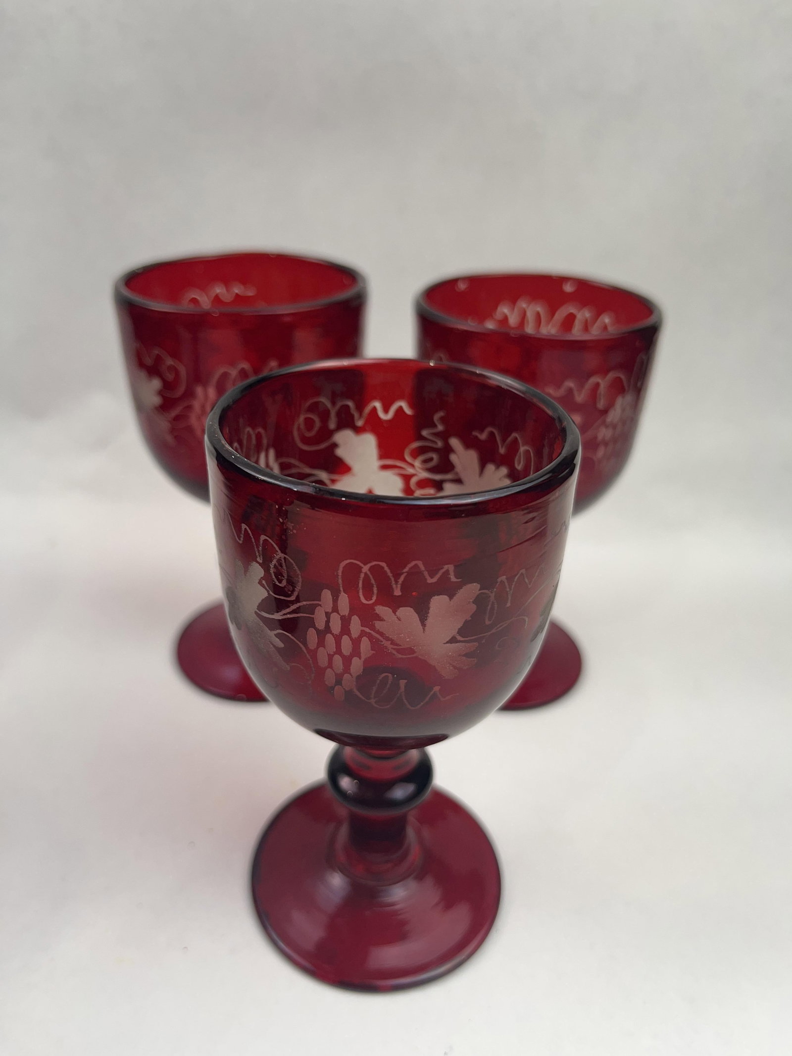 Etched Grape Ruby Glass Goblet & Plate - 2