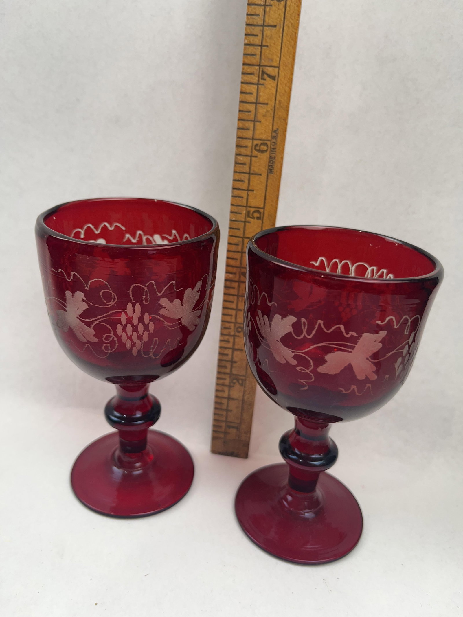 Etched Grape Ruby Glass Goblet & Plate - 3