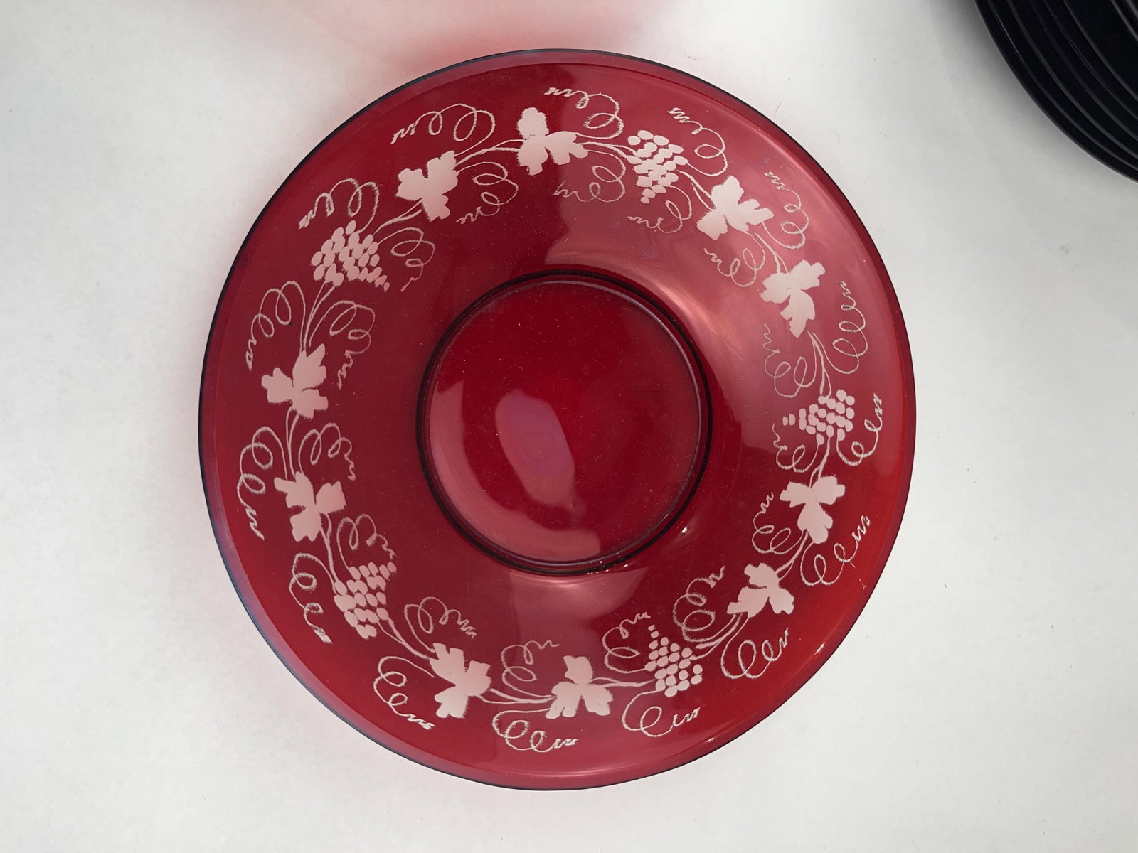 Etched Grape Ruby Glass Goblet & Plate - 4