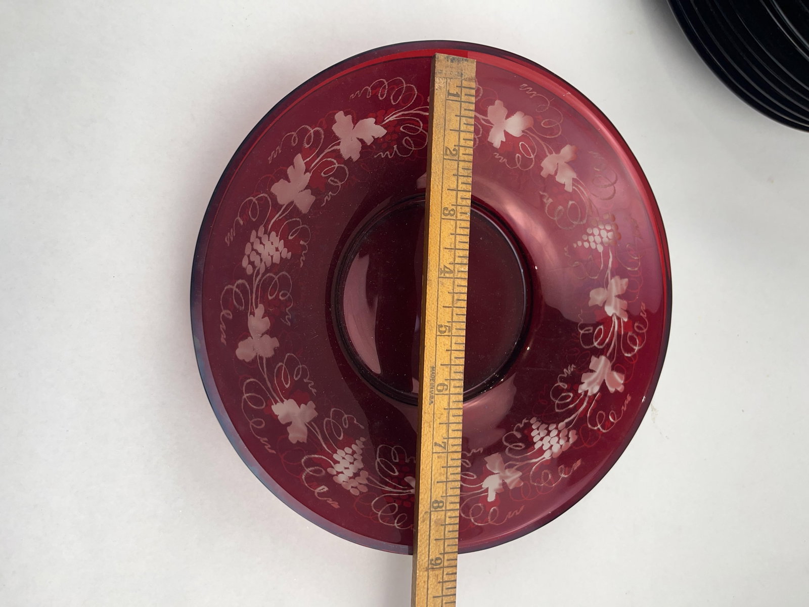 Etched Grape Ruby Glass Goblet & Plate - 6