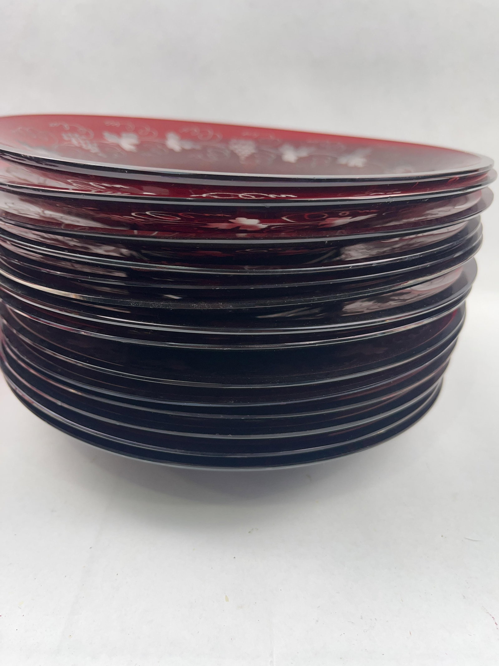 Etched Grape Ruby Glass Goblet & Plate - 7