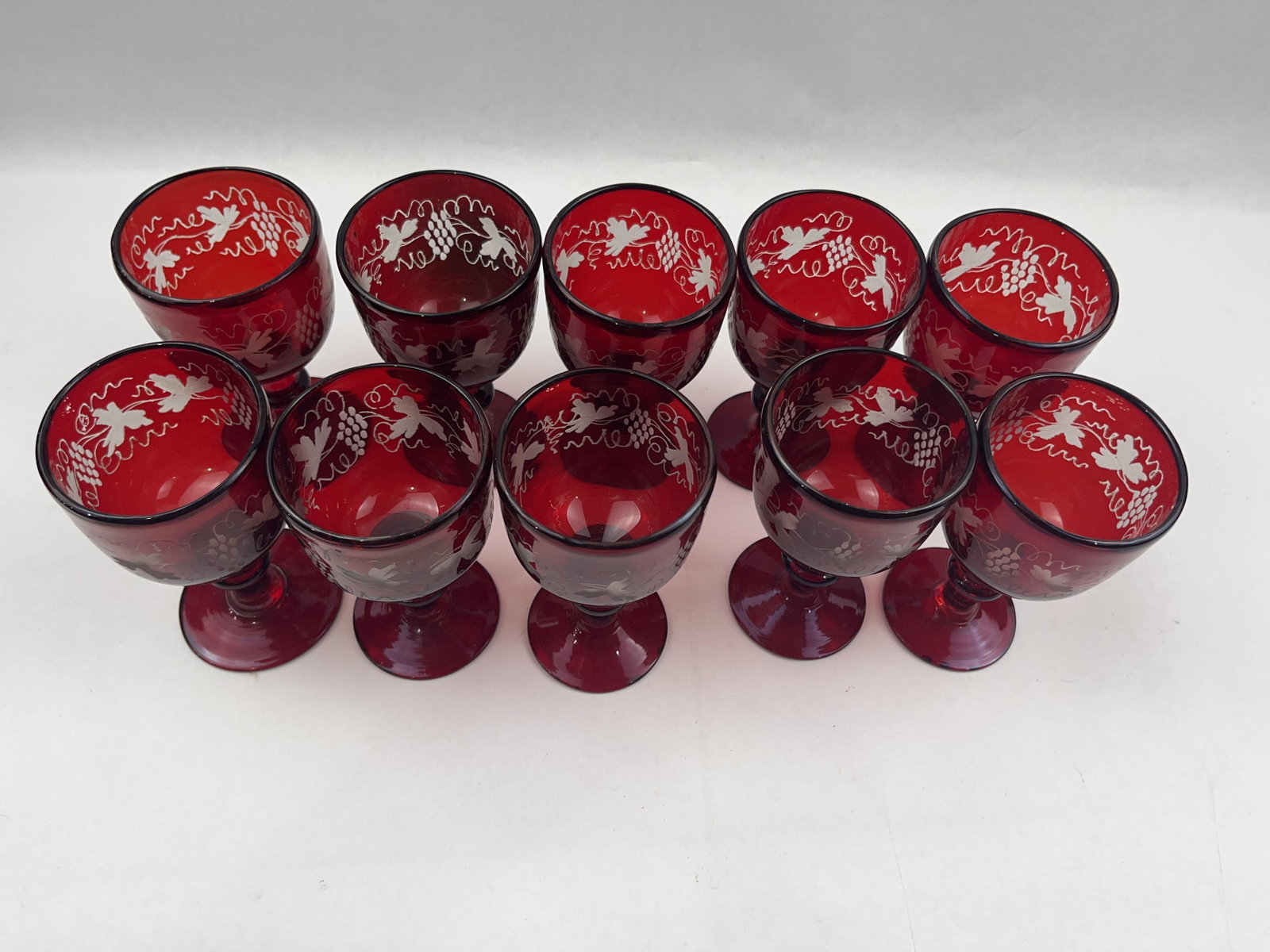 Etched Grape Ruby Glass Goblet & Plate - 8