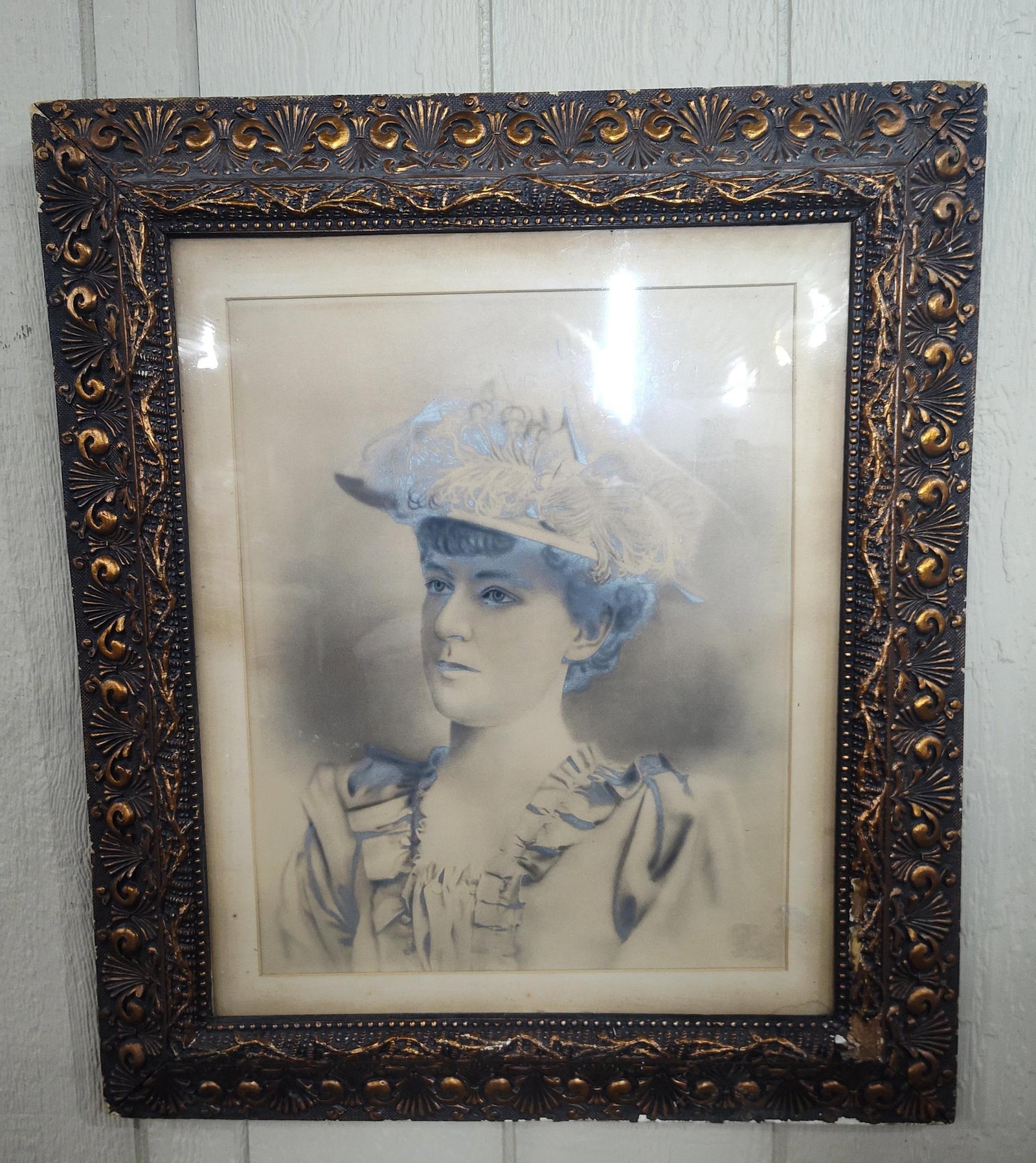 c. 1900 Silver Gelatin Portrait, Woman: A late nineteenth or early twentieth-century silver gelatin print portrait depicting a woman in three-quarter profile. The photograph is mounted on card and matted behind glass in an ornate, heavy