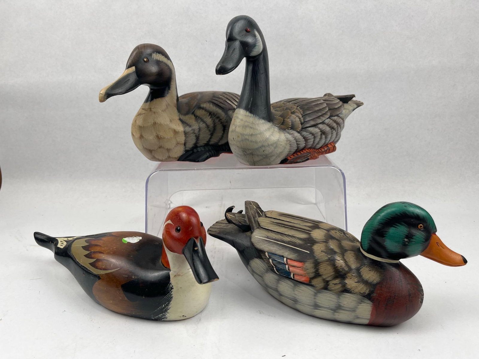 Hand-Painted Wooden Waterfowl Decoys: A collection of four carved and hand-painted wooden waterfowl decoys representing various North American species. The group includes a Mallard drake with a green head, a Canada Goose with characterist