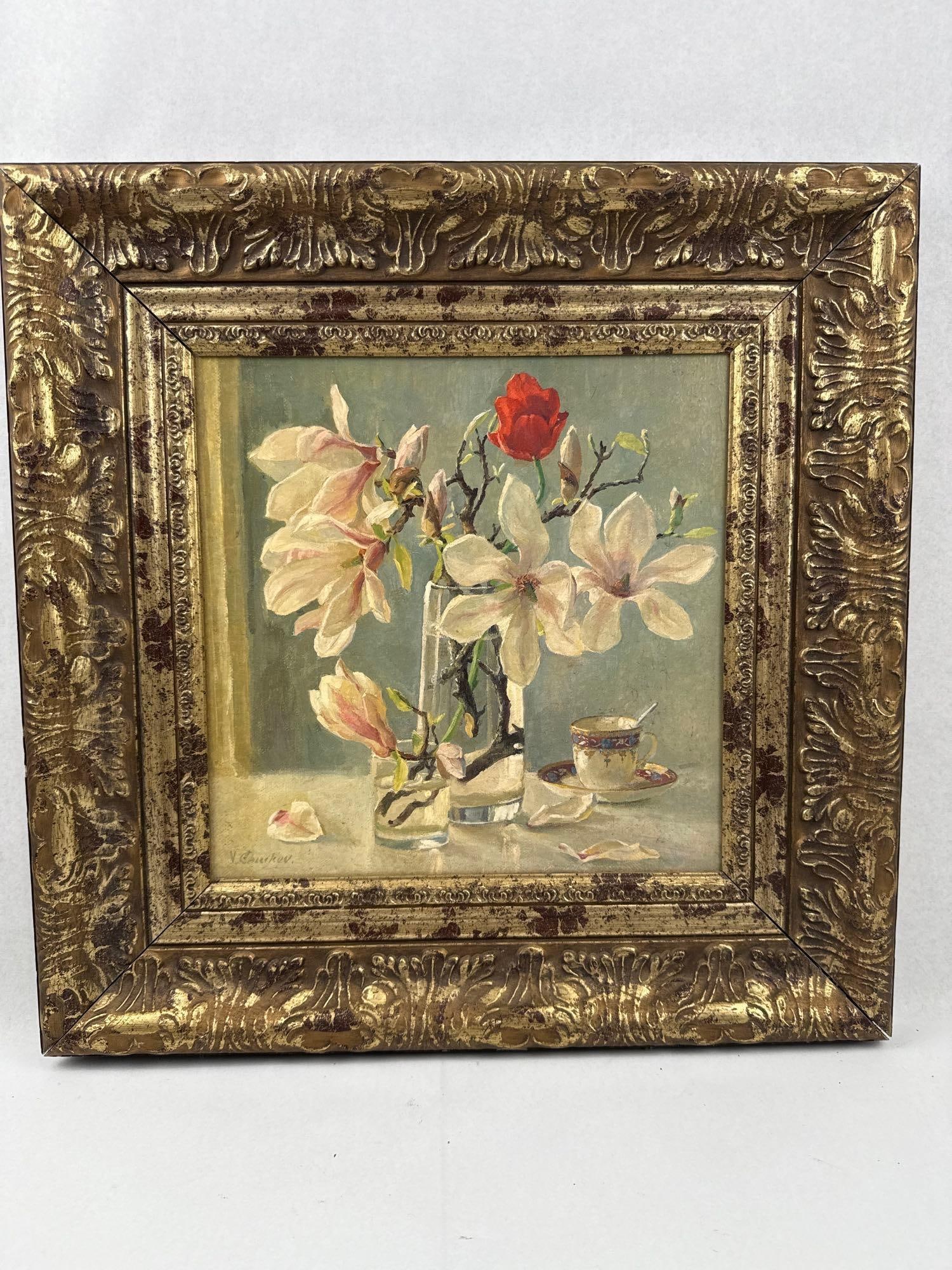 Valeriy Chuikov Magnolias & Tulip O/C: A square oil on canvas still life painting depicting an arrangement of magnolia blossoms and a single red tulip. The flowers are displayed in two transparent glass vessels of different sizes, accompan