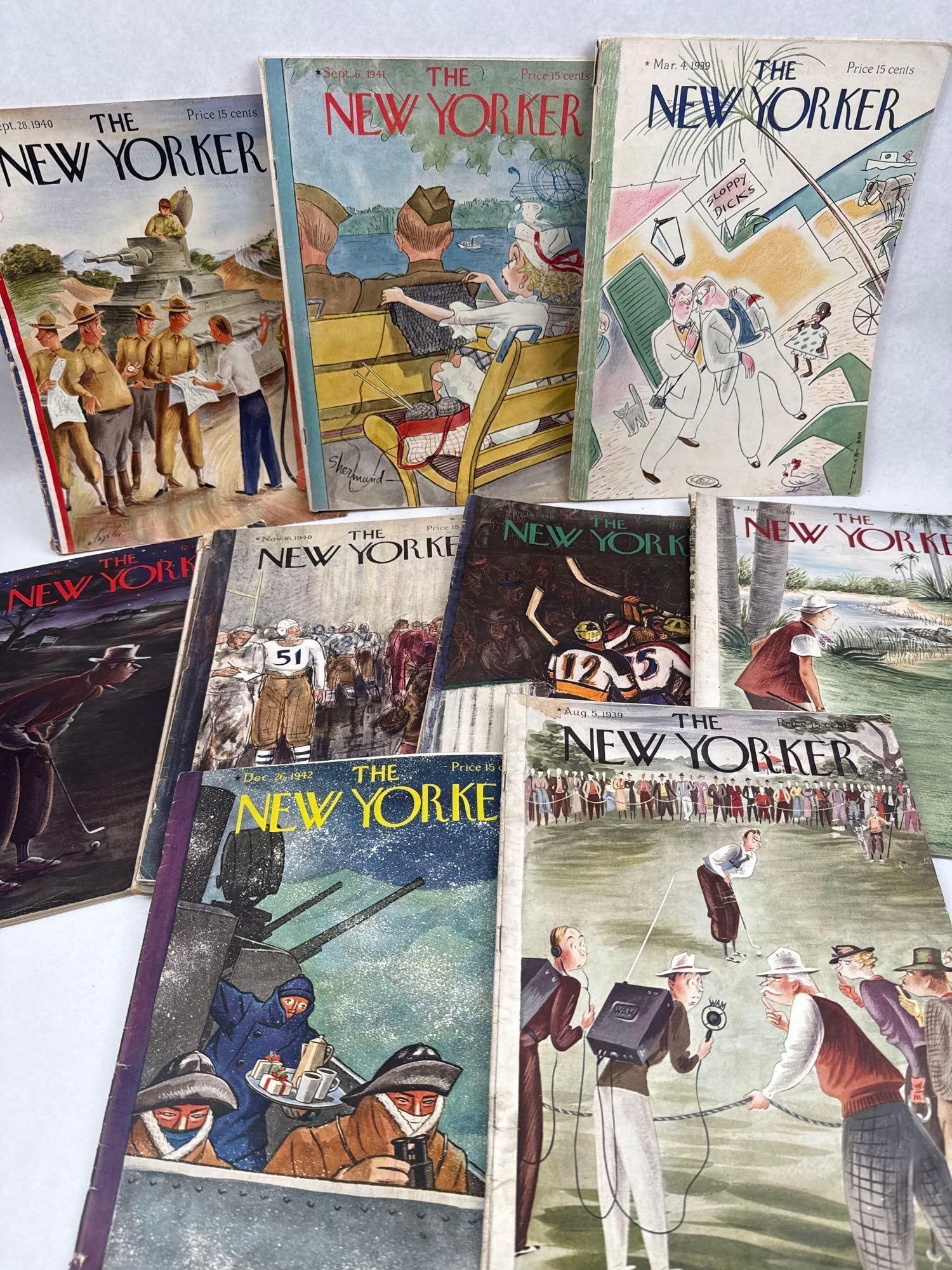 The New Yorker Magazines, 1937-1942: A collection of vintage copies of The New Yorker magazine, dating from the late 1930s through the early 1940s. Each issue features a full-color illustrated cover depicting a variety of social, sportin