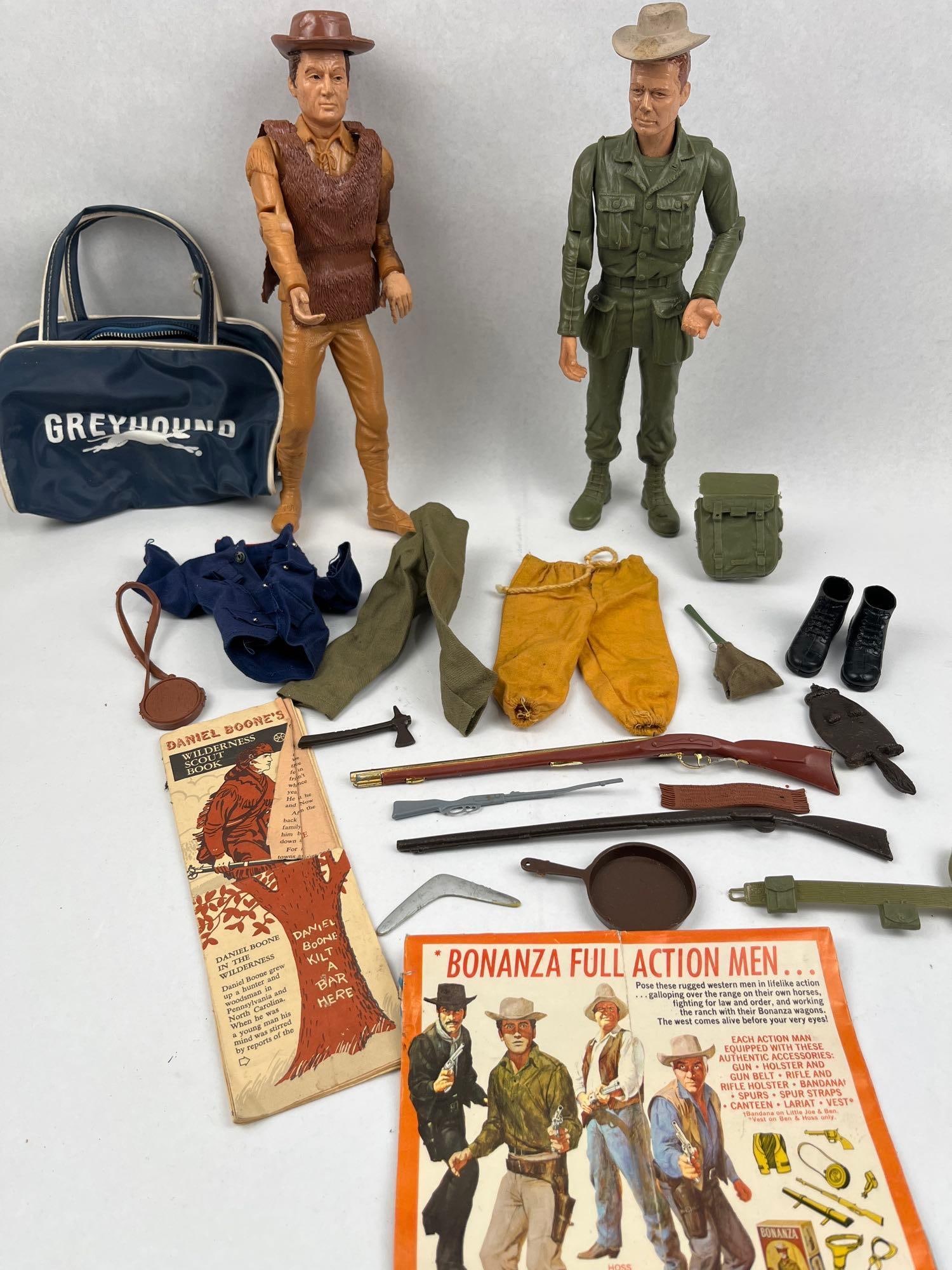 Marx Toys Action Figures & Accessories: This collection features two 12-inch scale jointed action figures constructed of molded plastic, accompanied by an assortment of themed play accessories. One figure is molded in a green military-style