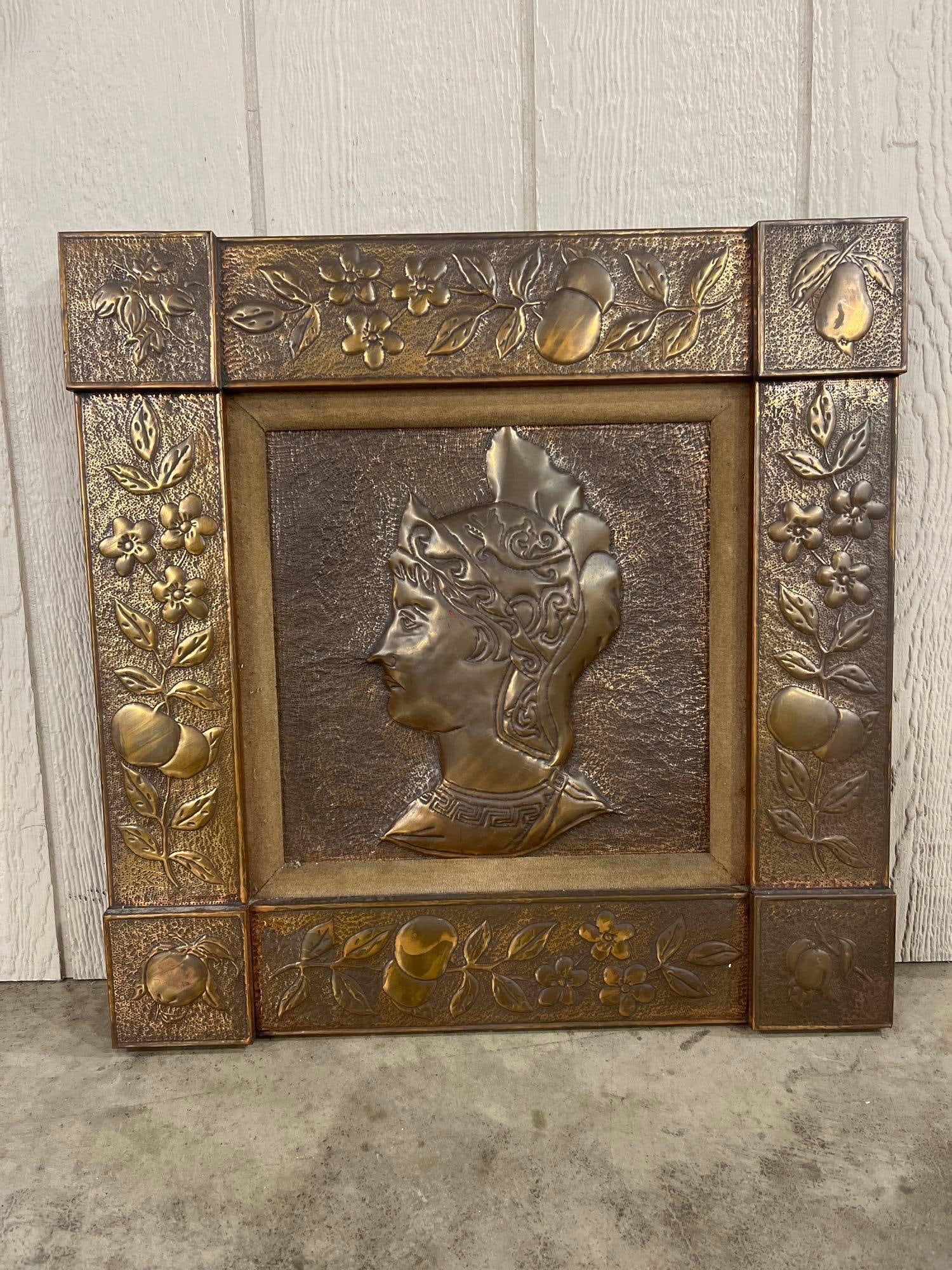 Neoclassical Repousse Helmeted Plaque: A large antique repouss? metal wall plaque featuring a neoclassical profile of a helmeted figure, likely depicting a historical or mythological subject such as Alexander the Great or Perseus. The