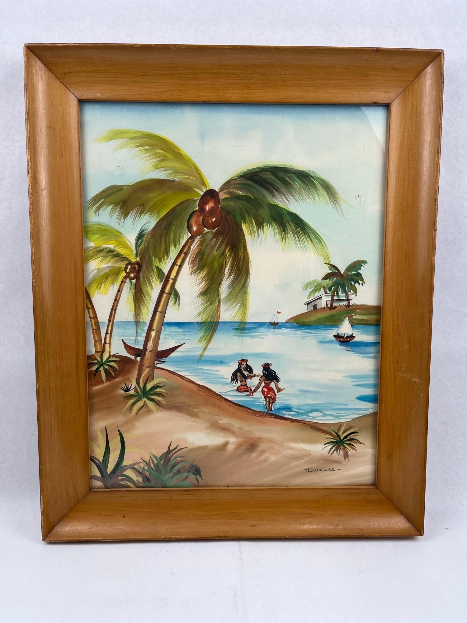 Douglas Tropical Island Landscape W/C: A mid-century watercolor or gouache painting on paper depicting a stylized tropical beach scene. The composition features large palm trees with coconuts in the left foreground, two figures in the wate