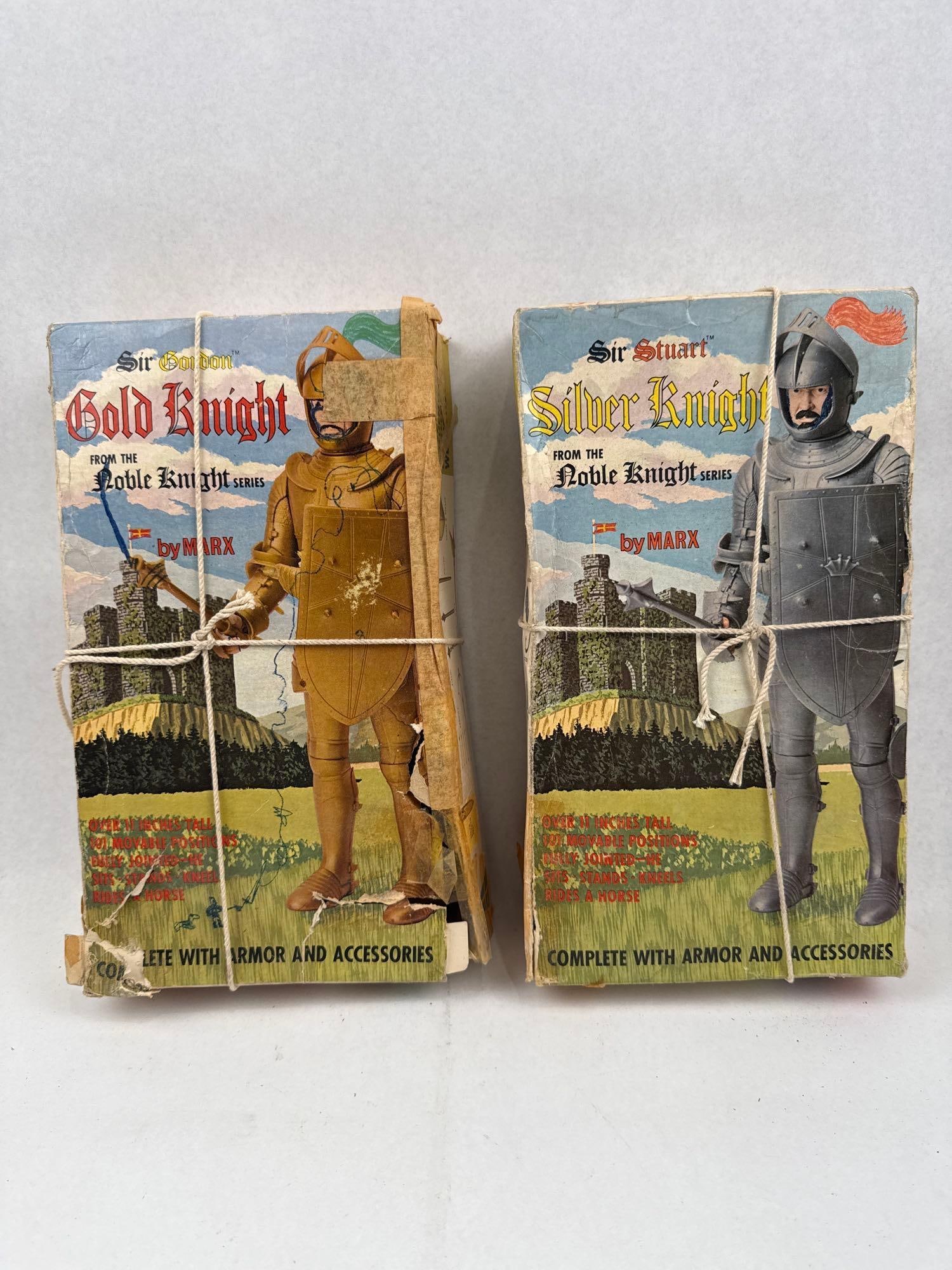 Marx Noble Knight Pair: Gordon & Stuart: A pair of vintage articulated plastic action figures from the Noble Knight Series manufactured by Louis Marx and Co. The lot consists of Sir Gordon the Gold Knight and Sir Stuart the Silver Knight. Ea