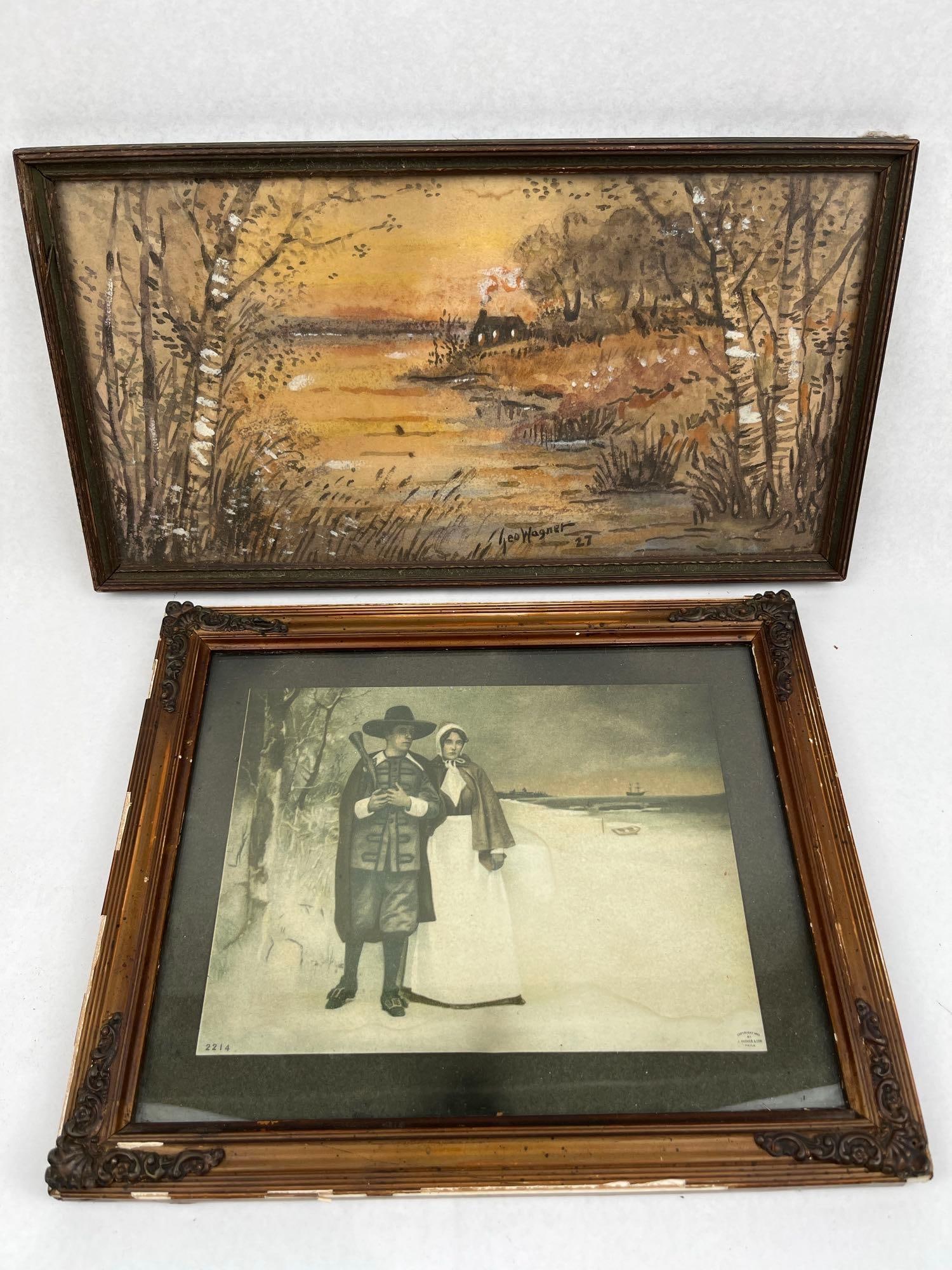 Wagner Landscape & Hoover & Son Print: This lot features two distinct framed works of art from the early 20th century. The first is an original landscape painting on paper depicting a river scene at sunset with birch trees and a small