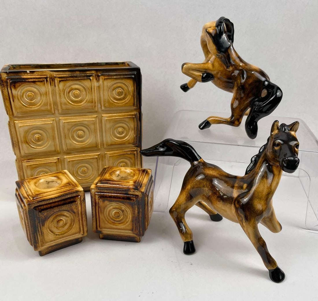 A Brayton Laguna California Ceramic Set: A set of five ceramic pieces featuring a high-gloss mottled brown and tan glaze with black accents. The group includes a large rectangular vessel, two square candle holders, and two stylized horse