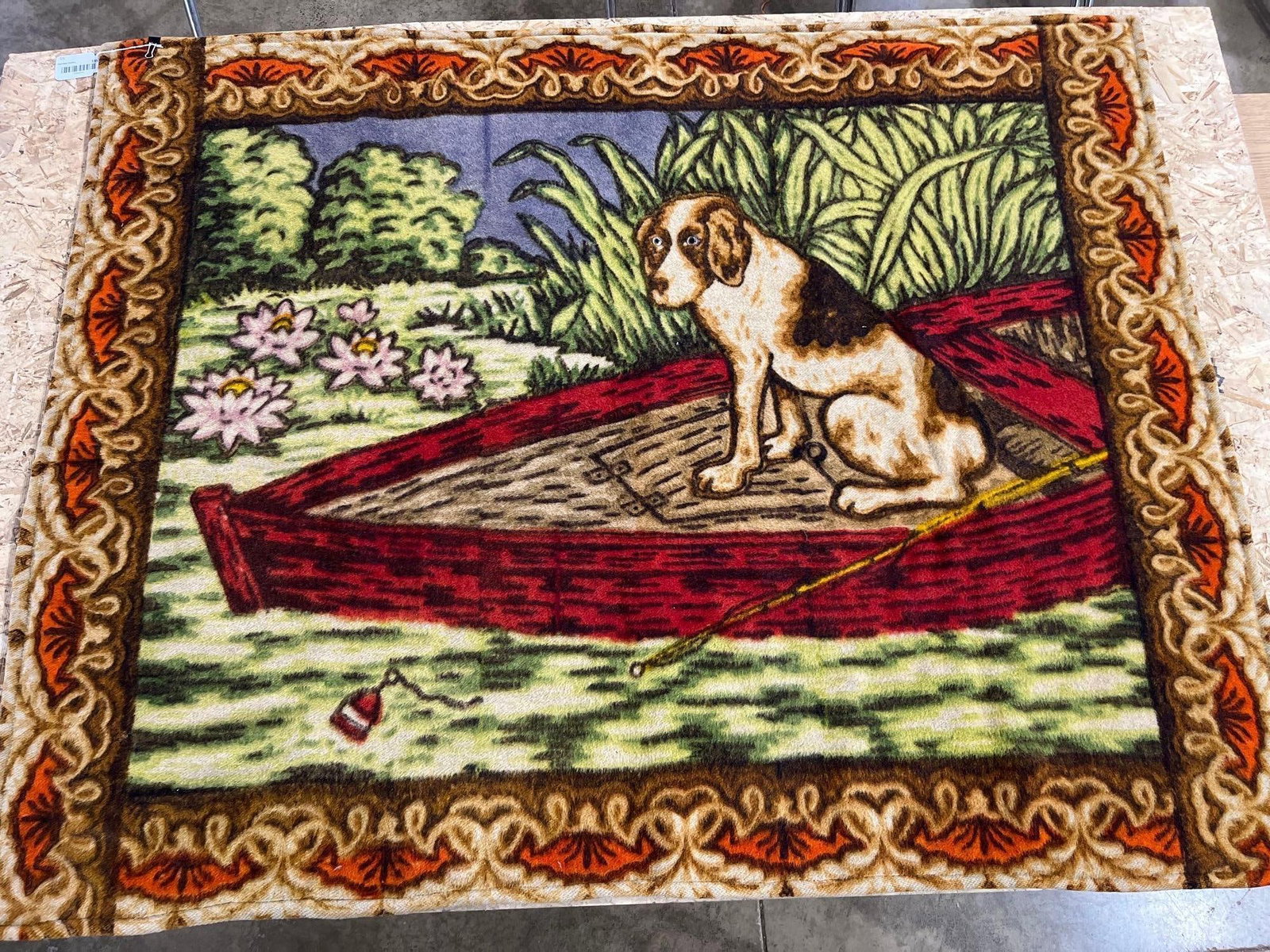 Stroock Plush Lap Robe, Dog in Rowboat: This mid-century pictorial plush textile, likely a carriage or buggy lap robe, is constructed with a dense pile characteristic of wool or mohair blends. The central panel depicts a sporting scene