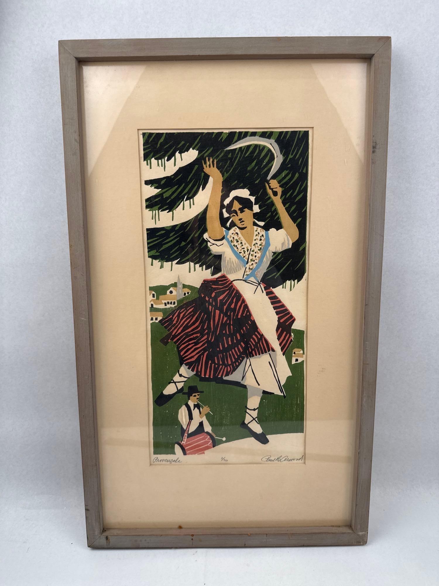 Paul B. Arnold Color Woodcut Provencale: A mid-century modern color woodcut print on paper depicting a stylized woman in traditional regional dress from Provence dancing with a sickle. The composition features a backdrop of green and black g