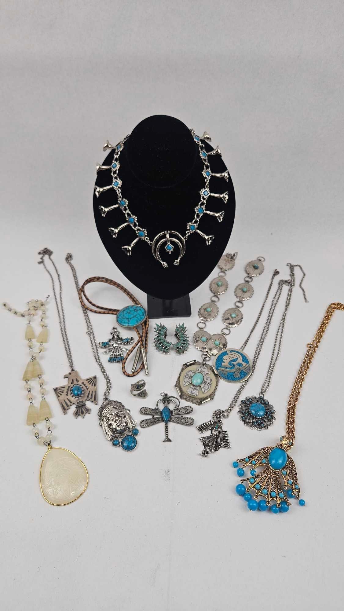 Southwest & Native American Jewelry: A group of fashion jewelry and accessories featuring various Southwest and Native American inspired motifs, primarily constructed from silver-tone and gold-tone base metals. The collection includes a
