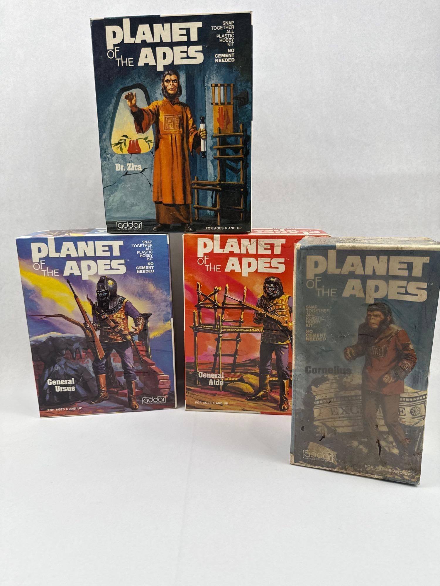 1973 Addar Planet of Apes Model Kits: A collection of four vintage snap-together plastic model kits based on the Planet of the Apes franchise, manufactured by Addar Products Corp. of Brooklyn, New York. Each box is marked with SNAP