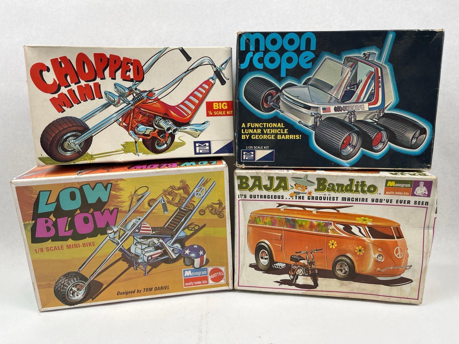 Tom Daniel & George Barris Model Kits: This collection of vintage scale model kits features custom vehicle designs from the late 1960s and early 1970s. The group includes several kits manufactured by MPC and Monogram. One kit is titled Cho