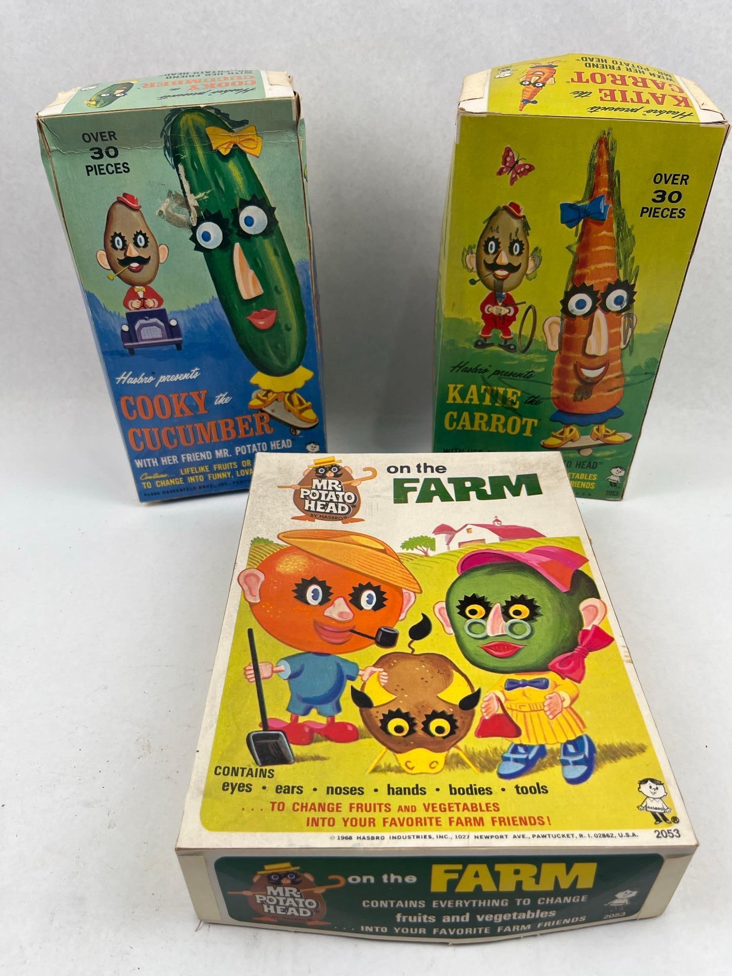 Trio of Hasbro Mr. Potato Head Sets: A trio of vintage Mr. Potato Head themed toy sets produced in the late 1960s, including Cooky the Cucumber, Katie the Carrot, and Mr. Potato Head on the Farm. The collection features several molded