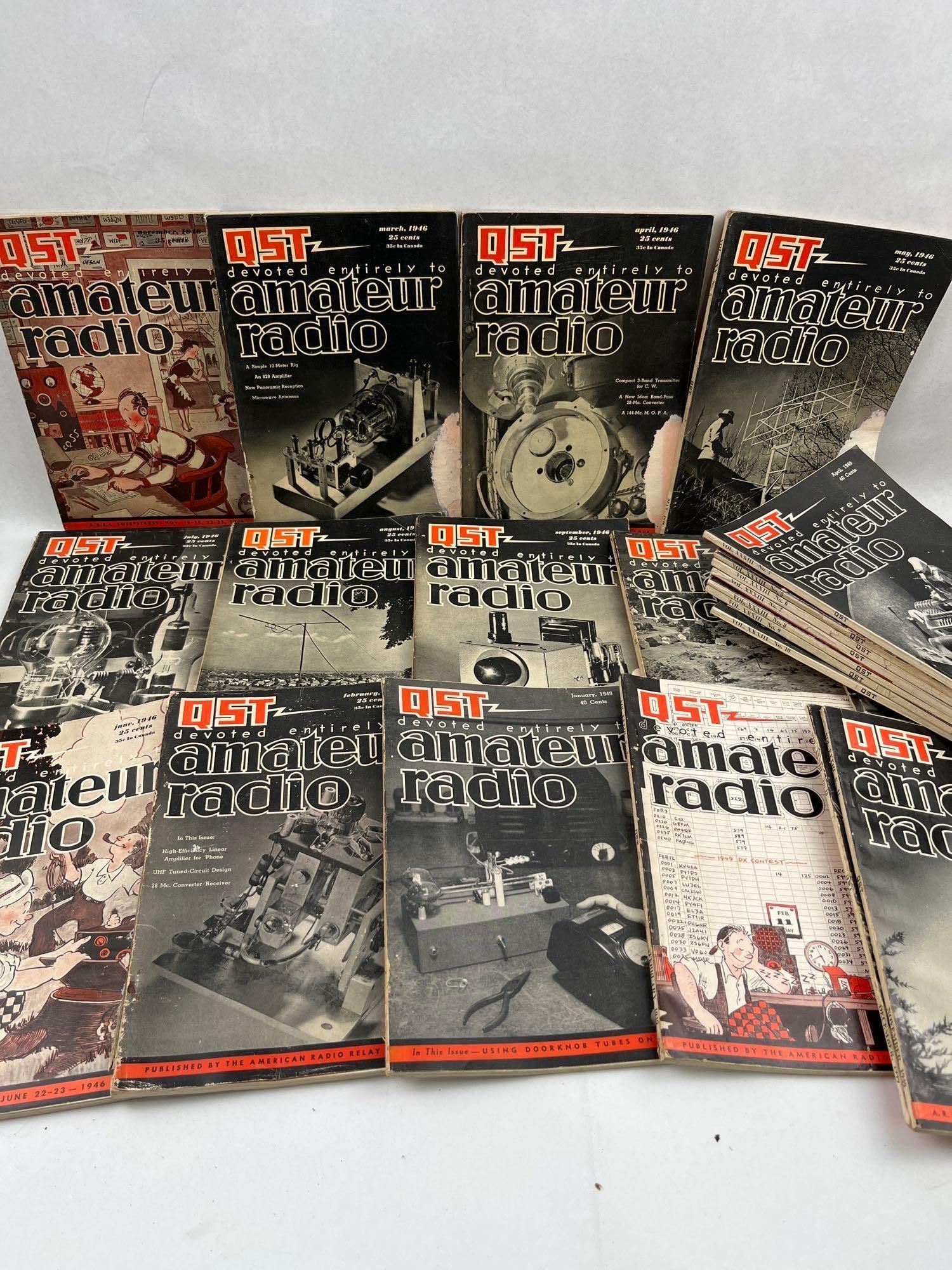QST Amateur Radio Magazines 1946-1949: A group of QST magazines published by the American Radio Relay League (ARRL). The collection features a nearly complete monthly run from the year 1946, containing all issues except for November. Also