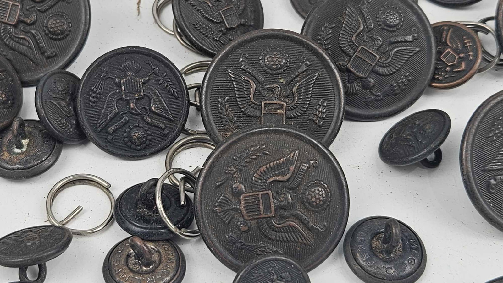 Set US Army Seal & Signal Corps Buttons: An assortment of United States military uniform buttons, primarily featuring the U.S. Army Great Seal design of an eagle with a shield, olive branch, and bundle of arrows. The collection includes one